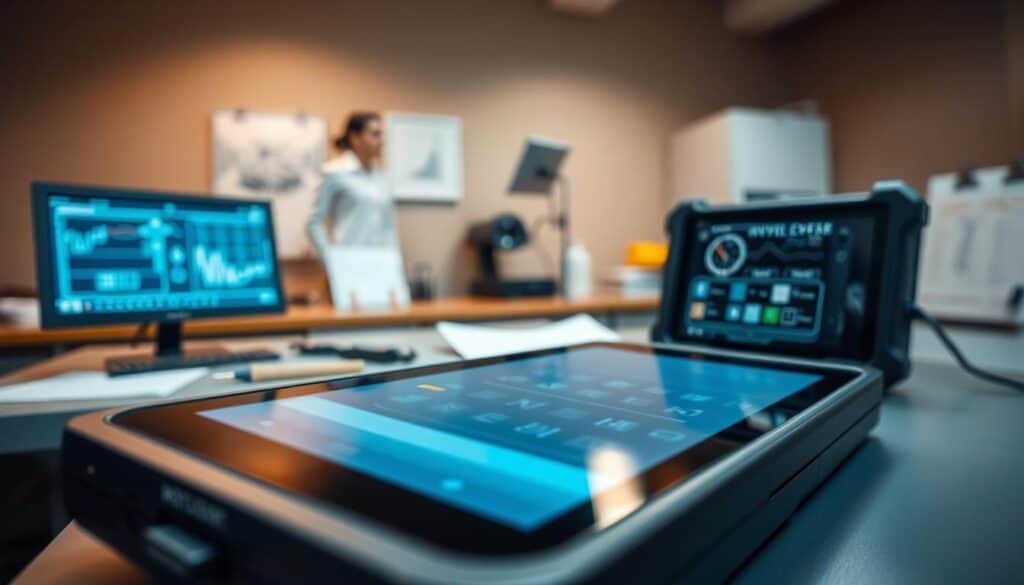 A detailed close-up of the "MOTOEXPERT 9 800 EUR" device, showcasing its sleek design with a modern interface and visible technical features, prominently displayed on a professional examination table. In the foreground, the device is highlighted with soft, ambient lighting, giving it a polished look. In the middle ground, a subtle blur of tools and paperwork suggests an active evaluation environment without distraction. The background features a professional setting, such as an office or workshop, with neutral colors to maintain focus on the device. The mood is serious yet efficient, conveying professionalism and expertise. The angle is slightly elevated, allowing a comprehensive view of the MOTOEXPERT device's components and functionality, with no text or logos present in the image.