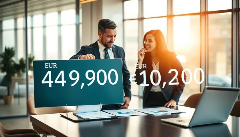 A detailed comparison between two car insurance evaluations, prominently featuring the figures "EUR 4,900" and "EUR 10,200" displayed elegantly on a corporate-style presentation board. In the foreground, two business professionals—one dressed in formal attire and the other in smart casual wear—are animatedly discussing the figures, with an expression of focus and determination on their faces. The middle ground shows a stylish conference table with documents and a laptop showcasing graphs and charts relevant to the insurance assessment. The background features a modern office space with large windows allowing warm, natural light to flood in. The overall mood is professional and analytical, emphasizing a serious discussion around financial evaluations. A detailed comparison between two car insurance evaluations, prominently featuring the figures "EUR 4,900" and "EUR 10,200" displayed elegantly on a corporate-style presentation board. In the foreground, two business professionals—one dressed in formal attire and the other in smart casual wear—are animatedly discussing the figures, with an expression of focus and determination on their faces. The middle ground shows a stylish conference table with documents and a laptop showcasing graphs and charts relevant to the insurance assessment. The background features a modern office space with large windows allowing warm, natural light to flood in. The overall mood is professional and analytical, emphasizing a serious discussion around financial evaluations.
