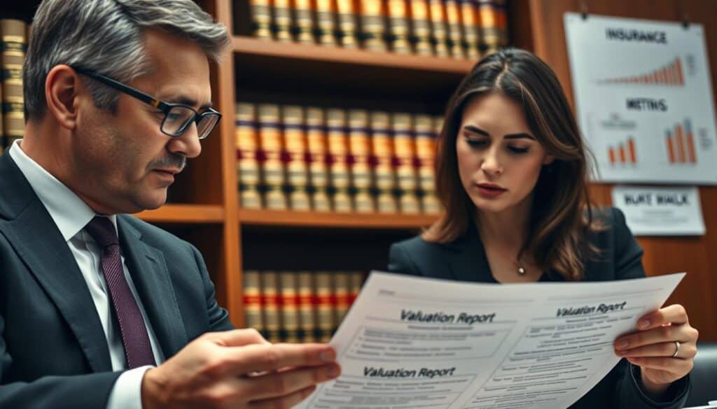 A detailed courtroom scene focused on a professional insurance expert and a client, both in business attire. The expert, a middle-aged man with glasses, is explaining a stack of paperwork related to insurance valuation, highlighting differences in compensation amounts. The client, a woman in her thirties, looks thoughtfully at a document labeled "Valuation Report." In the background, shelves filled with legal books and charts illustrating insurance metrics create a professional atmosphere. Soft, diffused lighting casts a warm glow on the scene, emphasizing the engaged expressions of both subjects. The angle is slightly elevated, showcasing the interaction between them. The mood is serious yet constructive, highlighting the importance of informed decision-making in insurance claims. A detailed courtroom scene focused on a professional insurance expert and a client, both in business attire. The expert, a middle-aged man with glasses, is explaining a stack of paperwork related to insurance valuation, highlighting differences in compensation amounts. The client, a woman in her thirties, looks thoughtfully at a document labeled "Valuation Report." In the background, shelves filled with legal books and charts illustrating insurance metrics create a professional atmosphere. Soft, diffused lighting casts a warm glow on the scene, emphasizing the engaged expressions of both subjects. The angle is slightly elevated, showcasing the interaction between them. The mood is serious yet constructive, highlighting the importance of informed decision-making in insurance claims.
