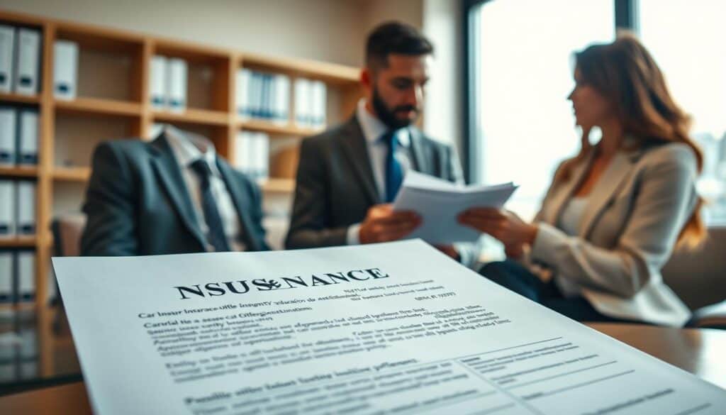 A detailed image of a car insurance policy document prominently displayed in the foreground, with soft natural lighting highlighting its text and official seals. In the middle ground, a well-dressed professional agent, in a suit and tie, is discussing the policy with a couple, who are dressed in smart casual attire, conveying a sense of trust and professionalism. The background features a modern office setting, with shelves of insurance-related books and a large window allowing sunlight to spill in, creating a warm and inviting atmosphere. The focus captures the importance of the document and the consultation, emphasizing the decision-making process about vehicle insurance. The overall mood is serious yet approachable, highlighting the impact of the insurance valuation differences discussed. A detailed image of a car insurance policy document prominently displayed in the foreground, with soft natural lighting highlighting its text and official seals. In the middle ground, a well-dressed professional agent, in a suit and tie, is discussing the policy with a couple, who are dressed in smart casual attire, conveying a sense of trust and professionalism. The background features a modern office setting, with shelves of insurance-related books and a large window allowing sunlight to spill in, creating a warm and inviting atmosphere. The focus captures the importance of the document and the consultation, emphasizing the decision-making process about vehicle insurance. The overall mood is serious yet approachable, highlighting the impact of the insurance valuation differences discussed.