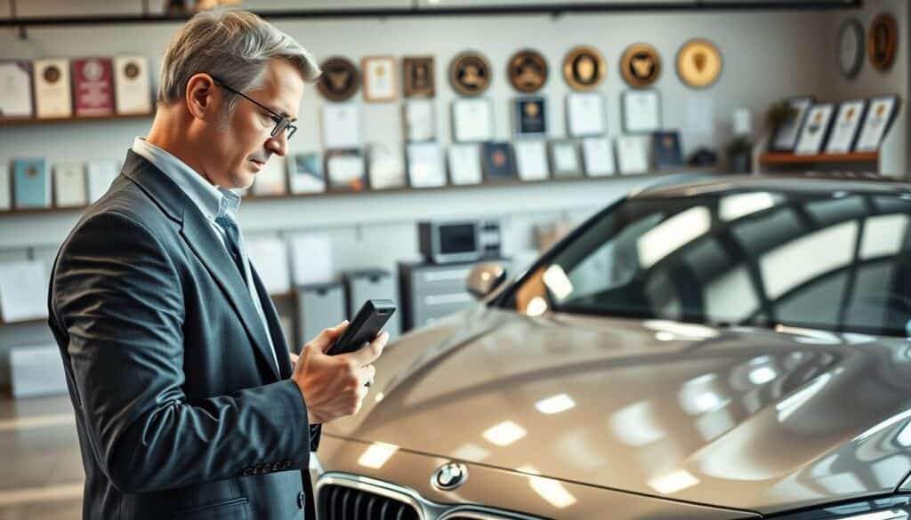 A detailed scene featuring a professional automotive expert, depicted in a modern office environment. In the foreground, a confident automotive appraiser dressed in business attire, closely examining a high-quality vehicle with a diagnostic tool in hand. The middle ground showcases a sleek, luxurious car parked on a polished showroom floor, illuminated by bright, natural light streaming through large windows. The background exhibits shelves lined with automotive manuals and certification plaques, emphasizing expertise and authority. The overall atmosphere is serious and focused, conveying a sense of professionalism and precision in vehicle valuation. Ensure the lighting enhances the shiny exterior of the car and adds depth to the scene. A detailed scene featuring a professional automotive expert, depicted in a modern office environment. In the foreground, a confident automotive appraiser dressed in business attire, closely examining a high-quality vehicle with a diagnostic tool in hand. The middle ground showcases a sleek, luxurious car parked on a polished showroom floor, illuminated by bright, natural light streaming through large windows. The background exhibits shelves lined with automotive manuals and certification plaques, emphasizing expertise and authority. The overall atmosphere is serious and focused, conveying a sense of professionalism and precision in vehicle valuation. Ensure the lighting enhances the shiny exterior of the car and adds depth to the scene.