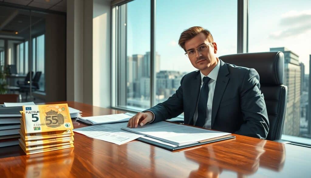 A financial consultant, dressed in a smart business suit, is seated at a polished wooden desk filled with paperwork and financial reports. On the left side of the desk, there is a prominently displayed amount of 5,555 EUR in euros banknotes, arranged neatly to draw attention. In the background, a large window lets in soft, natural light, illuminating the room and casting gentle shadows. A modern cityscape is visible through the window, conveying a professional atmosphere. The scene should evoke a sense of clarity and focus, emphasizing the importance of financial evaluation. Use a wide-angle lens to capture both the detail on the desk and the expansive city view, enhancing the mood of professionalism and diligence. A financial consultant, dressed in a smart business suit, is seated at a polished wooden desk filled with paperwork and financial reports. On the left side of the desk, there is a prominently displayed amount of 5,555 EUR in euros banknotes, arranged neatly to draw attention. In the background, a large window lets in soft, natural light, illuminating the room and casting gentle shadows. A modern cityscape is visible through the window, conveying a professional atmosphere. The scene should evoke a sense of clarity and focus, emphasizing the importance of financial evaluation. Use a wide-angle lens to capture both the detail on the desk and the expansive city view, enhancing the mood of professionalism and diligence.