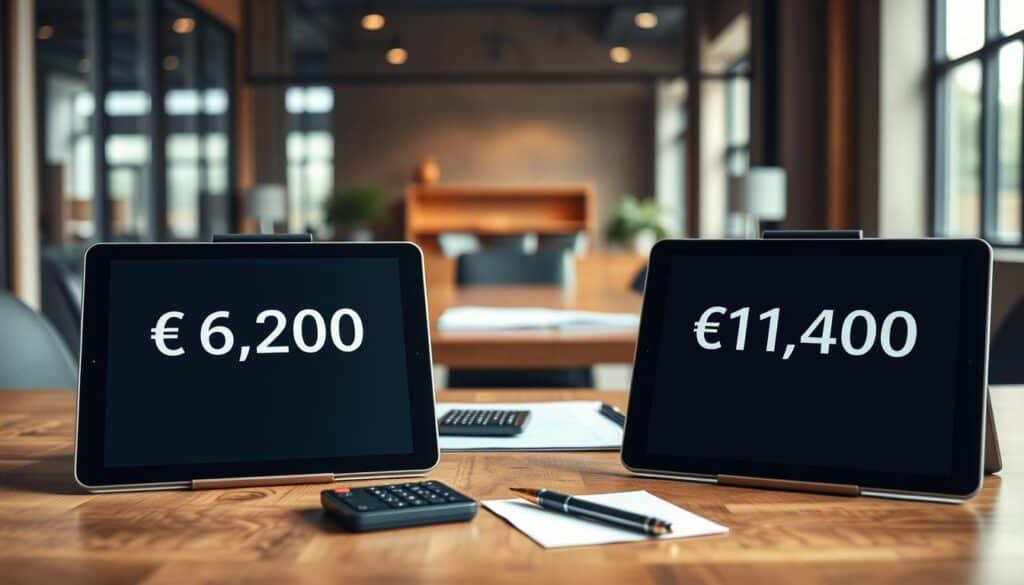 A highly detailed comparison image showcasing two insurance quotes: one labeled "€6,200" and the other "€11,400". In the foreground, place two elegant, modern digital tablets displaying the respective quotes on their screens, ensuring the numbers are prominent but without textual distractions. In the middle ground, include a sleek wooden desk with financial documents, a calculator, and a notepad with a pen, suggesting an analytical atmosphere. The background should feature a softly blurred professional office environment with warm, natural lighting filtering through large windows, evoking a sense of trust and professionalism. The mood is analytical and focused, ideal for an in-depth analysis of pricing differences in the insurance market. A highly detailed comparison image showcasing two insurance quotes: one labeled "€6,200" and the other "€11,400". In the foreground, place two elegant, modern digital tablets displaying the respective quotes on their screens, ensuring the numbers are prominent but without textual distractions. In the middle ground, include a sleek wooden desk with financial documents, a calculator, and a notepad with a pen, suggesting an analytical atmosphere. The background should feature a softly blurred professional office environment with warm, natural lighting filtering through large windows, evoking a sense of trust and professionalism. The mood is analytical and focused, ideal for an in-depth analysis of pricing differences in the insurance market.