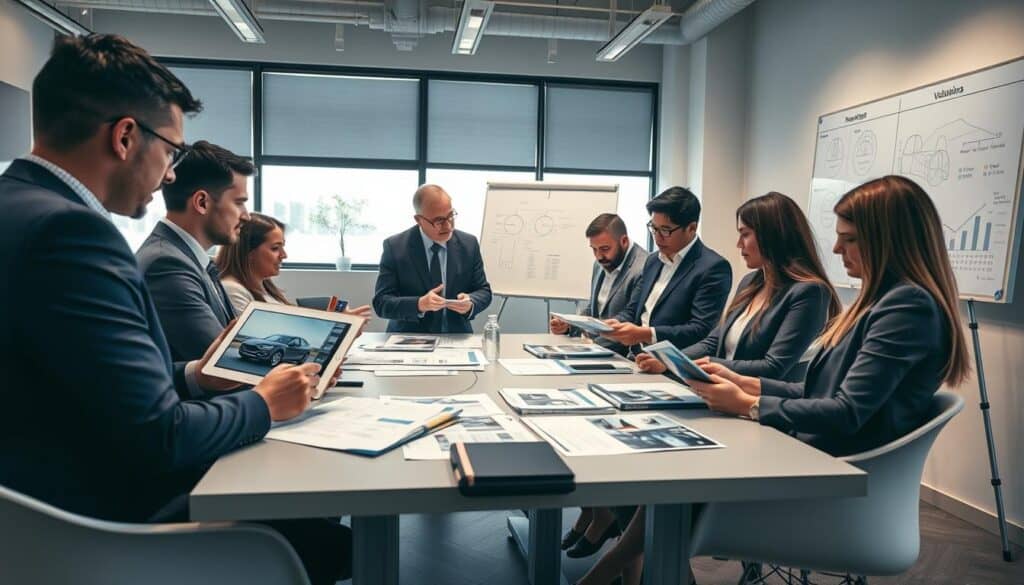 A modern office scene showcasing a professional meeting focused on vehicle damage assessment. In the foreground, a diverse group of professionals in smart business attire are engaged in a discussion around a table, examining detailed reports and digital tablets displaying vehicle images. The middle ground features large windows letting in natural light, illuminating the sleek, minimalist office decor. In the background, a whiteboard with diagrams and charts illustrating insurance valuations can be seen. The atmosphere is collaborative and focused, with a warm and inviting lighting setup that enhances the professional environment. Capture the essence of expertise and thorough evaluation in this setting, ensuring no text or watermarks are present. A modern office scene showcasing a professional meeting focused on vehicle damage assessment. In the foreground, a diverse group of professionals in smart business attire are engaged in a discussion around a table, examining detailed reports and digital tablets displaying vehicle images. The middle ground features large windows letting in natural light, illuminating the sleek, minimalist office decor. In the background, a whiteboard with diagrams and charts illustrating insurance valuations can be seen. The atmosphere is collaborative and focused, with a warm and inviting lighting setup that enhances the professional environment. Capture the essence of expertise and thorough evaluation in this setting, ensuring no text or watermarks are present.