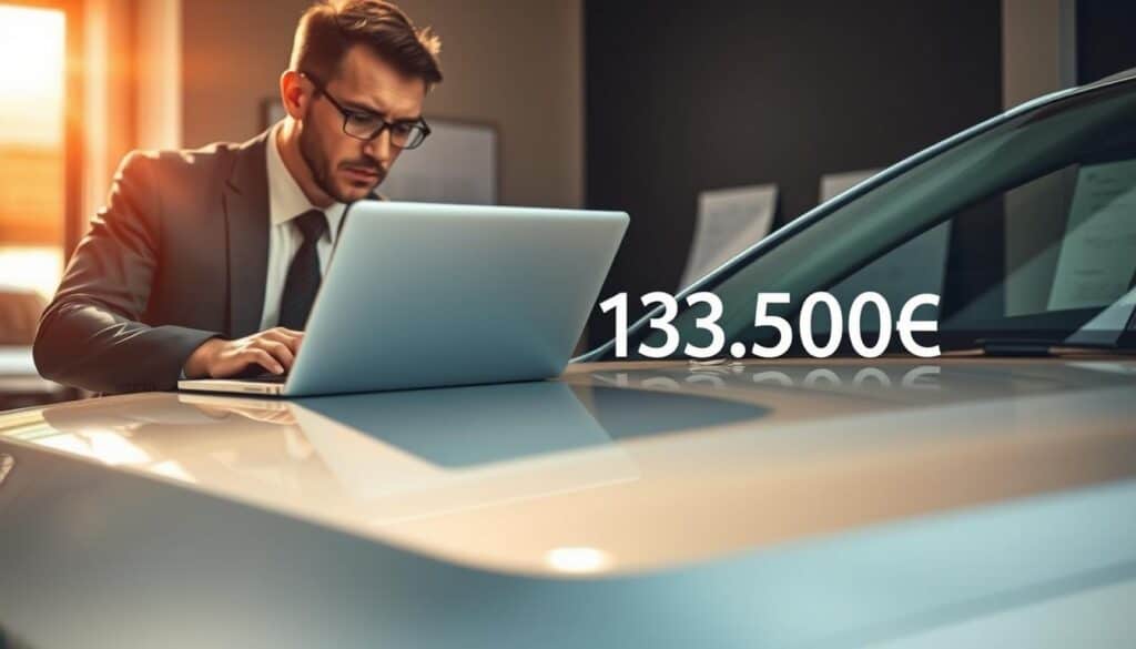 A professional and detailed image depicting a MOTOEXPERT appraiser analyzing a vehicle's value, symbolizing the assessment of 13,500 EUR. In the foreground, a focused appraiser, dressed in formal business attire, is inspecting a car with a laptop open on the hood, sunlight glinting off the vehicle's finish. The middle ground features a detailed close-up of the vehicle's key features, highlighting essential components involved in the appraisal. In the background, an office setting is subtly suggested with faint outlines of paperwork and evaluation tools, creating a working environment. Warm, natural lighting emphasizes the seriousness of the appraisal process, while a shallow depth of field keeps the focus on the appraiser and the vehicle, conveying a professional and analytical atmosphere. A professional and detailed image depicting a MOTOEXPERT appraiser analyzing a vehicle's value, symbolizing the assessment of 13,500 EUR. In the foreground, a focused appraiser, dressed in formal business attire, is inspecting a car with a laptop open on the hood, sunlight glinting off the vehicle's finish. The middle ground features a detailed close-up of the vehicle's key features, highlighting essential components involved in the appraisal. In the background, an office setting is subtly suggested with faint outlines of paperwork and evaluation tools, creating a working environment. Warm, natural lighting emphasizes the seriousness of the appraisal process, while a shallow depth of field keeps the focus on the appraiser and the vehicle, conveying a professional and analytical atmosphere.