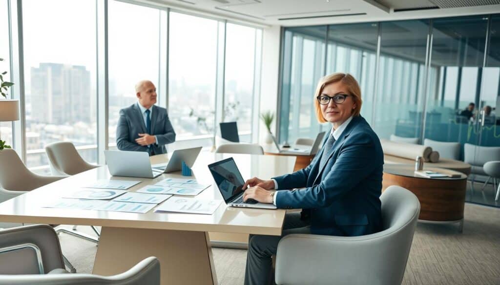 A professional and serene office environment filled with modern furnishings. In the foreground, two experts—a middle-aged man in a tailored suit and a woman in smart business attire—are engaged in a discussion, with laptops and charts visible in front of them. The middle section features a large conference table with papers, financial reports, and a visual display of graphs showing insurance price comparisons. In the background, a large window reveals a city skyline, with soft, natural light illuminating the room. The mood is focused and analytical, showcasing a collaborative atmosphere filled with insight and knowledge, reflecting the theme of expert opinions on car insurance valuations.