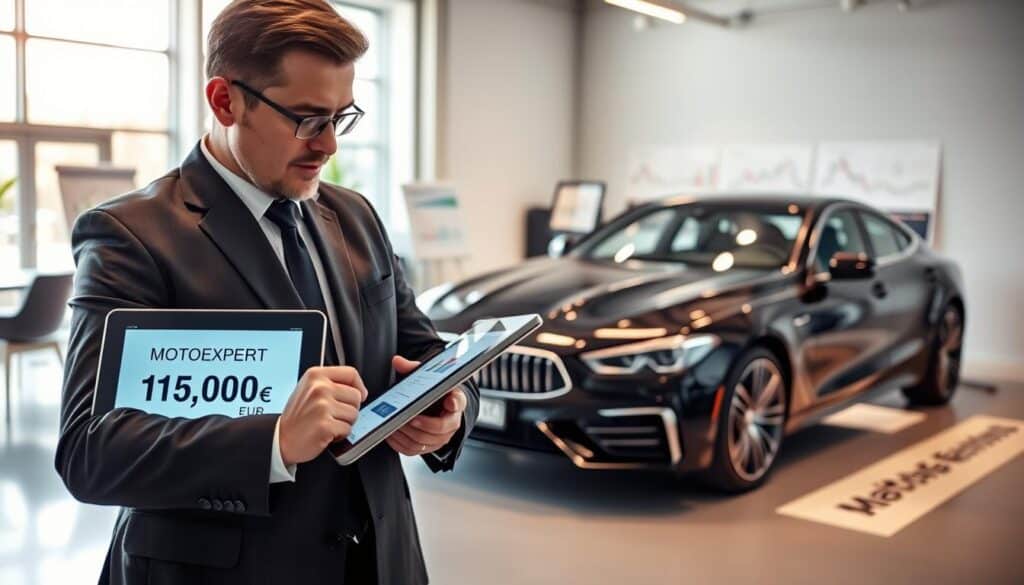 A professional appraiser, dressed in a smart business suit, examines an automobile's details in a modern office environment. The foreground showcases the appraiser using a digital tablet to assess the vehicle's value, with a focus on the screen displaying "MOTOEXPERT 15,000 EUR." In the midground, a sleek, high-end car is prominently positioned, showcasing its premium features. The background features a well-organized office with financial charts and car assessment tools, suggesting a sophisticated setting. Soft, natural lighting filters through large windows, creating a bright and inviting atmosphere, accentuating the meticulous attention to detail in the appraisal process. The overall mood is professional and analytical, reflecting the importance of accurate valuation in the automotive industry.