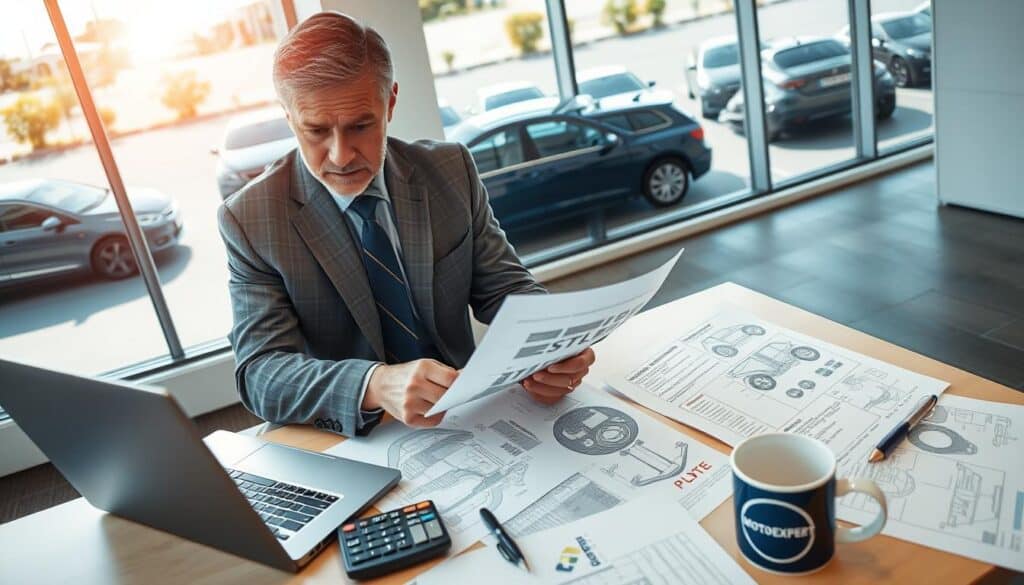 A professional automotive expert from MOTOEXPERT in a modern office setting, analyzing vehicle damage reports and valuation documents. In the foreground, the expert, a middle-aged man in a tailored suit, examines a laptop and paperwork with a serious expression. In the middle layer, a desk filled with automotive diagrams, a calculator, and a coffee mug with the MOTOEXPERT logo. The background features a large window showing a sunny day outside, with cars parked in a lot, symbolizing valuations. The lighting is bright and natural, emanating from the window, creating an atmosphere of professionalism and trust. The angle is slightly tilted from above, giving a comprehensive view of the workspace and the expert. A professional automotive expert from MOTOEXPERT in a modern office setting, analyzing vehicle damage reports and valuation documents. In the foreground, the expert, a middle-aged man in a tailored suit, examines a laptop and paperwork with a serious expression. In the middle layer, a desk filled with automotive diagrams, a calculator, and a coffee mug with the MOTOEXPERT logo. The background features a large window showing a sunny day outside, with cars parked in a lot, symbolizing valuations. The lighting is bright and natural, emanating from the window, creating an atmosphere of professionalism and trust. The angle is slightly tilted from above, giving a comprehensive view of the workspace and the expert.