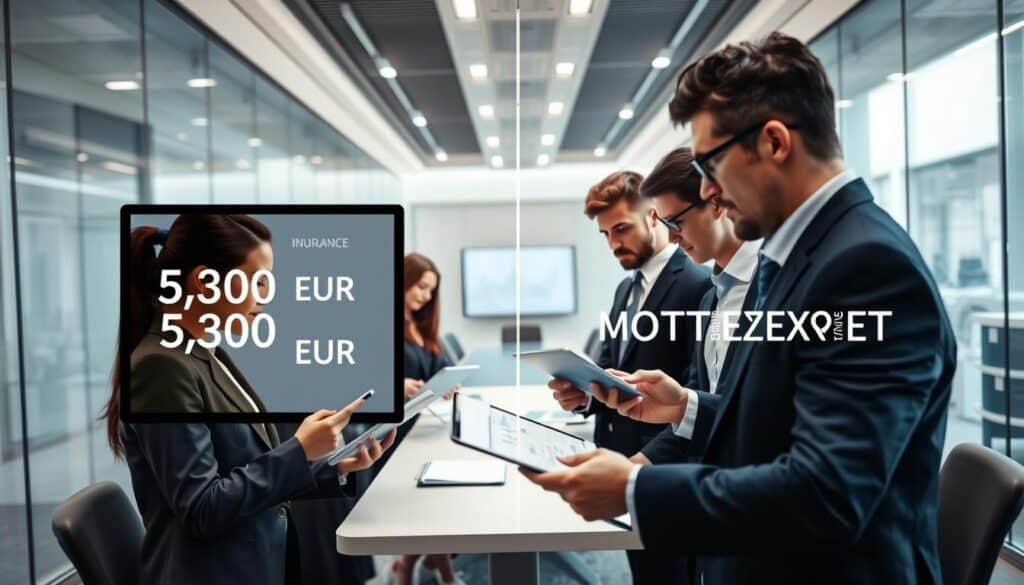 A professional business setting depicting a side-by-side comparison of two insurance valuations: on the left, a digital screen shows "Insurance Valuation: 5,300 EUR" prominently displayed, and on the right, "MOTOEXPERT: 12,000 EUR" in a modern font. The foreground features a diverse group of business professionals in tailored suits, examining reports and graphs on their tablets and laptops, highlighting a serious yet collaborative atmosphere. In the middle background, a sleek meeting room with a long conference table is visible, with glass walls and bright overhead lighting creating a transparent and open feel. The overall mood is focused and analytical, emphasizing professionalism and detail-oriented discussion, while natural light filters in, creating an encouraging and optimistic environment. A professional business setting depicting a side-by-side comparison of two insurance valuations: on the left, a digital screen shows "Insurance Valuation: 5,300 EUR" prominently displayed, and on the right, "MOTOEXPERT: 12,000 EUR" in a modern font. The foreground features a diverse group of business professionals in tailored suits, examining reports and graphs on their tablets and laptops, highlighting a serious yet collaborative atmosphere. In the middle background, a sleek meeting room with a long conference table is visible, with glass walls and bright overhead lighting creating a transparent and open feel. The overall mood is focused and analytical, emphasizing professionalism and detail-oriented discussion, while natural light filters in, creating an encouraging and optimistic environment.