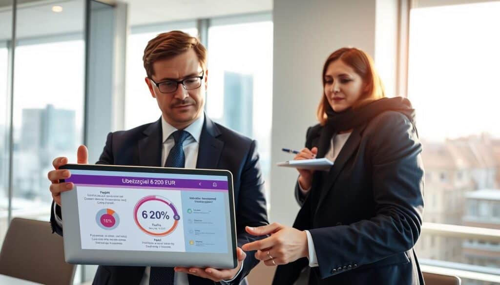A professional insurance advisor in a modern office environment discusses the insurance product "Ubezpieczyciel 6 200 EUR" with a client. In the foreground, the advisor, a middle-aged man in a tailored navy suit, is gesturing with an open laptop displaying a digital infographic highlighting the benefits of the policy. The middle ground shows a professional woman in modest business attire, attentively listening and taking notes. The background features a bright, well-lit office with large windows showcasing a cityscape, adding a sense of professionalism and trust. Soft natural light filters through, creating a warm and inviting atmosphere, ideal for financial discussions. The image captures a moment of focused engagement, illustrating the essence of choosing the right insurance option. A professional insurance advisor in a modern office environment discusses the insurance product "Ubezpieczyciel 6 200 EUR" with a client. In the foreground, the advisor, a middle-aged man in a tailored navy suit, is gesturing with an open laptop displaying a digital infographic highlighting the benefits of the policy. The middle ground shows a professional woman in modest business attire, attentively listening and taking notes. The background features a bright, well-lit office with large windows showcasing a cityscape, adding a sense of professionalism and trust. Soft natural light filters through, creating a warm and inviting atmosphere, ideal for financial discussions. The image captures a moment of focused engagement, illustrating the essence of choosing the right insurance option.