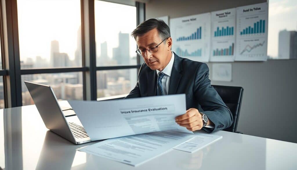 A professional insurance evaluator sits at a sleek office desk, analyzing documents with a laptop open in front of him. The evaluator is a middle-aged person wearing a tailored business suit, focused on a detailed report labeled "Insurance Assessment" in front of him. In the background, large windows reveal a city skyline bathed in soft daylight, casting a warm glow over the scene. Charts and graphs related to insurance pricing are displayed on the wall. The atmosphere conveys seriousness and concentration, emphasizing the meticulous process of evaluating insurance values. The image is captured from a slightly elevated angle, showcasing both the evaluator and the organized workspace, reflecting a professional and analytical mood. A professional insurance evaluator sits at a sleek office desk, analyzing documents with a laptop open in front of him. The evaluator is a middle-aged person wearing a tailored business suit, focused on a detailed report labeled "Insurance Assessment" in front of him. In the background, large windows reveal a city skyline bathed in soft daylight, casting a warm glow over the scene. Charts and graphs related to insurance pricing are displayed on the wall. The atmosphere conveys seriousness and concentration, emphasizing the meticulous process of evaluating insurance values. The image is captured from a slightly elevated angle, showcasing both the evaluator and the organized workspace, reflecting a professional and analytical mood.