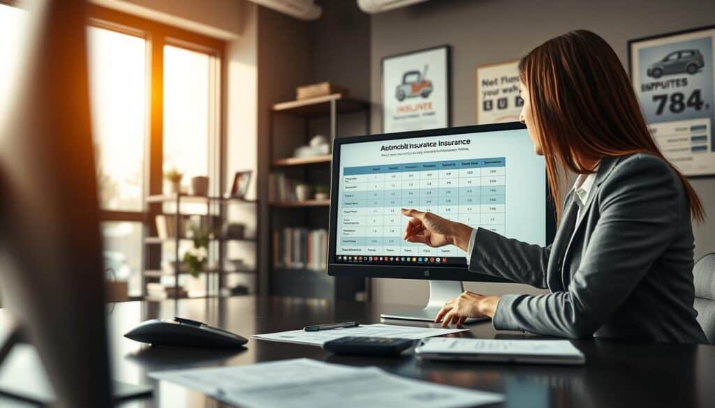 A professional insurance office scene, depicting a close-up of two business professionals discussing automobile insurance quotes. In the foreground, a female insurance agent in formal attire points to a computer screen displaying a detailed insurance comparison chart. The middle ground features a sleek conference table with documents and a calculator, creating a sense of professionalism. In the background, soft-focus shelves filled with insurance literature and motivational posters on the walls add to the corporate atmosphere. Warm, natural lighting filters through large office windows, casting soft shadows and creating an inviting but serious mood. The angle should convey a sense of engagement and collaboration, highlighting the dynamic changes in the insurance industry. A professional insurance office scene, depicting a close-up of two business professionals discussing automobile insurance quotes. In the foreground, a female insurance agent in formal attire points to a computer screen displaying a detailed insurance comparison chart. The middle ground features a sleek conference table with documents and a calculator, creating a sense of professionalism. In the background, soft-focus shelves filled with insurance literature and motivational posters on the walls add to the corporate atmosphere. Warm, natural lighting filters through large office windows, casting soft shadows and creating an inviting but serious mood. The angle should convey a sense of engagement and collaboration, highlighting the dynamic changes in the insurance industry.