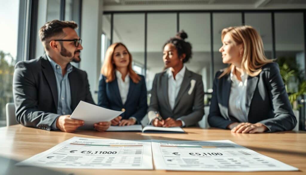 A professional office setting depicting a group of three diverse insurance agents discussing car insurance evaluations. The foreground features a table with detailed documents showing two different valuations: €6,100 and €13,200. In the middle ground, the agents are engaged in conversation, dressed in business attire, with expressions of focus and determination. The background showcases a modern office environment with large windows letting in natural light, enhancing the clarity and professionalism of the scene. Soft shadows create a warm atmosphere, suggesting collaboration and trustworthiness. The angle captures both the documents and the agents’ interactions, creating a dynamic and informative composition. A professional office setting depicting a group of three diverse insurance agents discussing car insurance evaluations. The foreground features a table with detailed documents showing two different valuations: €6,100 and €13,200. In the middle ground, the agents are engaged in conversation, dressed in business attire, with expressions of focus and determination. The background showcases a modern office environment with large windows letting in natural light, enhancing the clarity and professionalism of the scene. Soft shadows create a warm atmosphere, suggesting collaboration and trustworthiness. The angle captures both the documents and the agents’ interactions, creating a dynamic and informative composition.