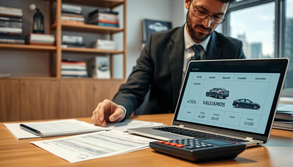 A professional office setting featuring a well-lit desk with a laptop, financial documents, and a calculator. In the foreground, a business professional in formal attire examines appraisal reports, focused and contemplative. The middle ground includes a detailed vehicle valuation chart on the laptop screen displaying figures like "4,900 EUR" and "10,200 EUR" symbolically, with a car model image subtly visible. The background showcases shelves filled with automotive books and a window revealing a city skyline, hinting at the modernity and thoroughness of the appraisal process. The lighting is bright and inviting, emphasizing a mood of professionalism and meticulousness in assessing vehicle value. A professional office setting featuring a well-lit desk with a laptop, financial documents, and a calculator. In the foreground, a business professional in formal attire examines appraisal reports, focused and contemplative. The middle ground includes a detailed vehicle valuation chart on the laptop screen displaying figures like "4,900 EUR" and "10,200 EUR" symbolically, with a car model image subtly visible. The background showcases shelves filled with automotive books and a window revealing a city skyline, hinting at the modernity and thoroughness of the appraisal process. The lighting is bright and inviting, emphasizing a mood of professionalism and meticulousness in assessing vehicle value.
