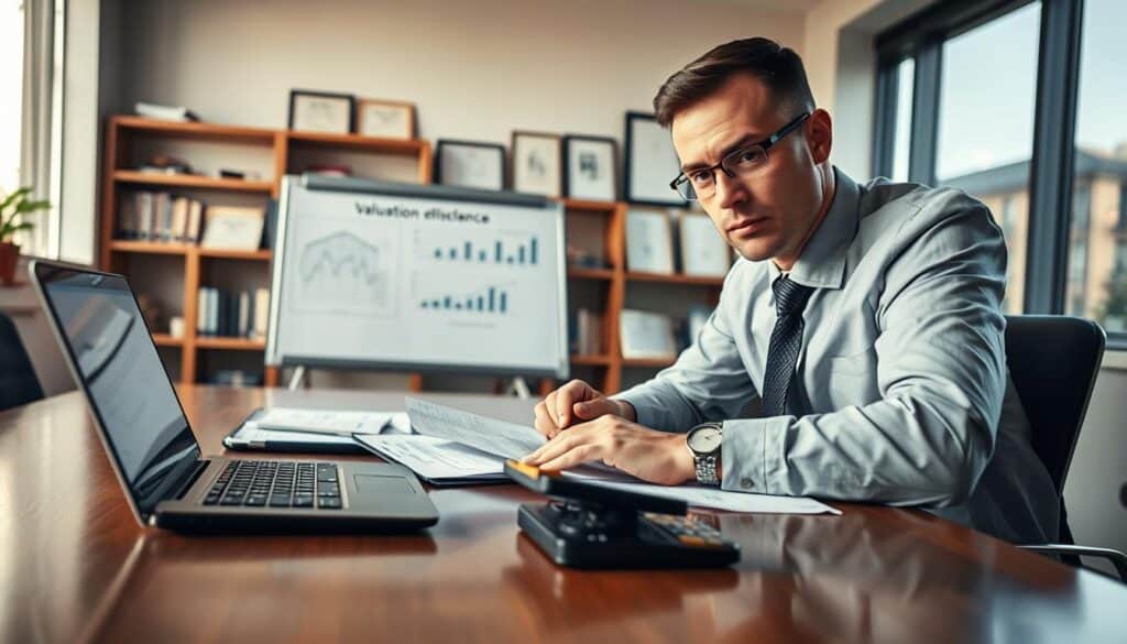 A professional office setting focused on the theme of insurance evaluations. In the foreground, a serious-looking analyst, dressed in business attire, is reviewing documents on a polished wooden desk, which also features a calculator and a laptop displaying a graph. In the middle ground, partially visible, is a whiteboard with charts and figures related to valuation discrepancies. The background shows a well-lit modern office with shelves of insurance books and framed certificates. The overall mood conveys meticulous analysis and professionalism, with soft, natural lighting coming from large windows, casting a warm glow on the scene. The perspective is slightly angled, offering depth to the workspace environment while emphasizing the task at hand. A professional office setting focused on the theme of insurance evaluations. In the foreground, a serious-looking analyst, dressed in business attire, is reviewing documents on a polished wooden desk, which also features a calculator and a laptop displaying a graph. In the middle ground, partially visible, is a whiteboard with charts and figures related to valuation discrepancies. The background shows a well-lit modern office with shelves of insurance books and framed certificates. The overall mood conveys meticulous analysis and professionalism, with soft, natural lighting coming from large windows, casting a warm glow on the scene. The perspective is slightly angled, offering depth to the workspace environment while emphasizing the task at hand.