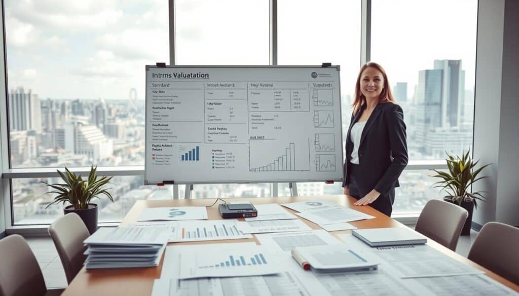 A professional setting depicting norms and standards of valuation in Germany, featuring a clean, modern office environment. In the foreground, a confident businesswoman in professional attire stands beside a large table covered with various documents and charts related to insurance valuation. The middle ground shows a large whiteboard filled with key metrics and standards, representing valuation norms. In the background, a city skyline is visible through large windows, suggesting a bustling financial district. Soft, natural lighting floods the room, highlighting the charts and creating a serious yet optimistic atmosphere. The camera angle is slightly elevated, looking down on the table and the whiteboard, giving a comprehensive view of the valuation process in a corporate context. A professional setting depicting norms and standards of valuation in Germany, featuring a clean, modern office environment. In the foreground, a confident businesswoman in professional attire stands beside a large table covered with various documents and charts related to insurance valuation. The middle ground shows a large whiteboard filled with key metrics and standards, representing valuation norms. In the background, a city skyline is visible through large windows, suggesting a bustling financial district. Soft, natural lighting floods the room, highlighting the charts and creating a serious yet optimistic atmosphere. The camera angle is slightly elevated, looking down on the table and the whiteboard, giving a comprehensive view of the valuation process in a corporate context.