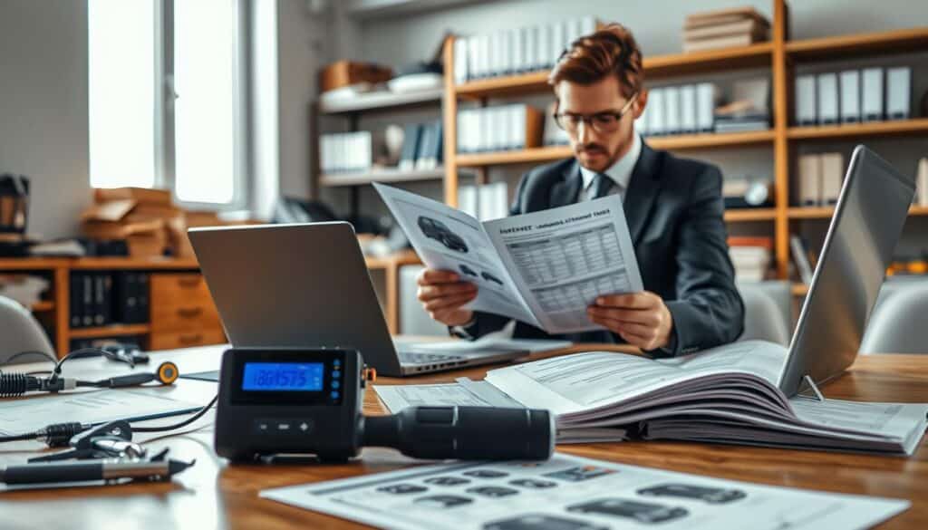A professional setting featuring various damage assessment tools used by MOTOEXPERT. In the foreground, a detailed close-up of tools like a digital measuring device, a laptop with assessment software open, and printed reports displaying vehicle damage evaluations, all on a wooden desk. In the middle ground, a professional wearing smart business attire analyzing the damage report, with a thoughtful expression. The background shows a well-lit office with shelves filled with reference books and additional tools, softly blurred to emphasize the foreground. The lighting is bright and natural, coming from a large window, creating a focused yet inviting atmosphere. The image should evoke professionalism and thoroughness in the damage assessment process. A professional setting featuring various damage assessment tools used by MOTOEXPERT. In the foreground, a detailed close-up of tools like a digital measuring device, a laptop with assessment software open, and printed reports displaying vehicle damage evaluations, all on a wooden desk. In the middle ground, a professional wearing smart business attire analyzing the damage report, with a thoughtful expression. The background shows a well-lit office with shelves filled with reference books and additional tools, softly blurred to emphasize the foreground. The lighting is bright and natural, coming from a large window, creating a focused yet inviting atmosphere. The image should evoke professionalism and thoroughness in the damage assessment process.