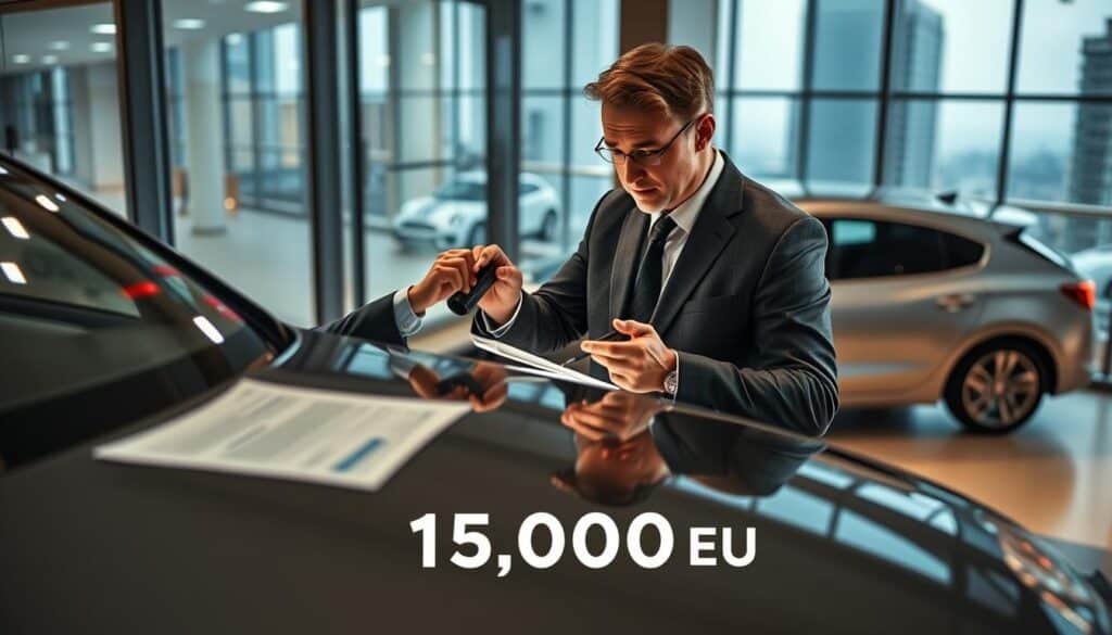 A professional setting showcasing a car expert evaluating a vehicle, with emphasis on a detailed and polished branding of "MOTOEXPERT" valued at 15,000 EUR. In the foreground, a confident middle-aged man dressed in a tailored suit, inspecting a sleek, modern car using advanced tools. In the middle ground, there's a well-organized workspace with charts and reports related to vehicle valuation, illuminated by soft, warm lighting that creates an inviting atmosphere. The background features glass windows showing a cityscape, hinting at a bustling business environment. The angle is slightly above eye-level, providing a comprehensive view that conveys professionalism and trustworthiness, suitable for clients seeking reliable recommendations.