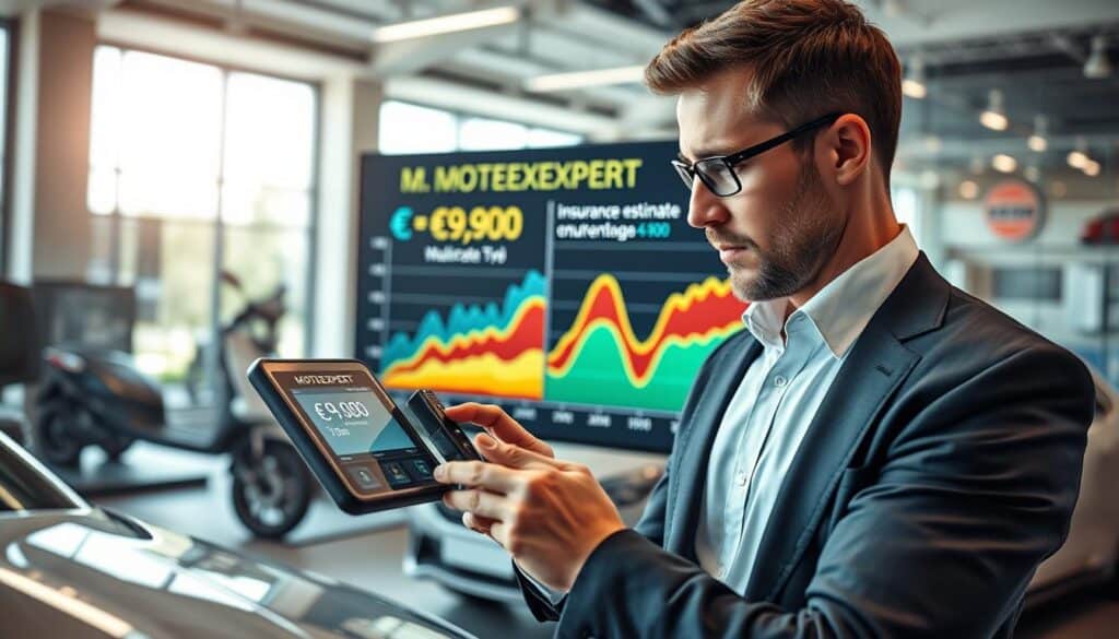 A professional vehicle appraisal setting featuring a sleek office environment. In the foreground, an expert appraiser in business attire is examining a high-tech vehicle valuation gadget, displaying focused determination. The middle ground showcases a large digital screen with a colorful graph of vehicle price trends, contrasting MOTOEXPERT's valuation of €9,900 against an insurance estimate of €4,700. The background reveals a modern office with glass walls and automotive memorabilia, creating a sophisticated atmosphere. Soft, natural lighting streams through large windows, highlighting the appraiser's concentration. The composition should evoke a sense of professionalism and innovation in vehicle valuation, emphasizing MOTOEXPERT's distinct approach. A professional vehicle appraisal setting featuring a sleek office environment. In the foreground, an expert appraiser in business attire is examining a high-tech vehicle valuation gadget, displaying focused determination. The middle ground showcases a large digital screen with a colorful graph of vehicle price trends, contrasting MOTOEXPERT's valuation of €9,900 against an insurance estimate of €4,700. The background reveals a modern office with glass walls and automotive memorabilia, creating a sophisticated atmosphere. Soft, natural lighting streams through large windows, highlighting the appraiser's concentration. The composition should evoke a sense of professionalism and innovation in vehicle valuation, emphasizing MOTOEXPERT's distinct approach.