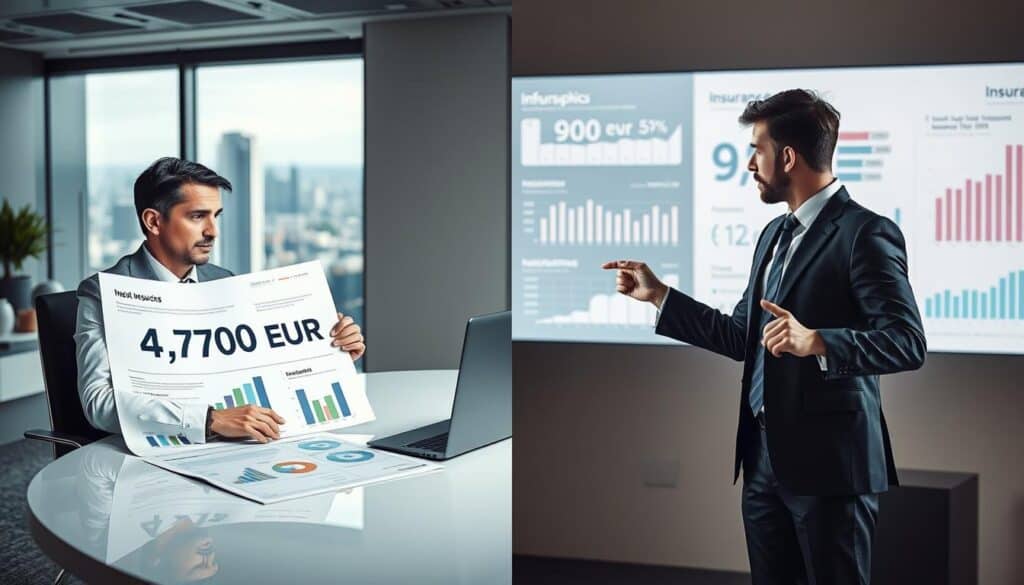 A split image composition illustrating an insurance price comparison. On the left, a professional business person seated at a sleek desk, analyzing a large, visually engaging digital report with graphs and numbers showing "4,700 EUR" prominently highlighted. The environment is well-lit, featuring modern office decor and a cityscape view through a large window, suggesting a serious atmosphere. On the right, another professional in business attire stands, pointing at a digital screen displaying "9,900 EUR," with infographics in the background. The lighting here is slightly dimmer but focused on the screen, creating a sense of tension between the two price points. The overall mood is analytical and informative, perfect for understanding key differences in insurance premiums. A split image composition illustrating an insurance price comparison. On the left, a professional business person seated at a sleek desk, analyzing a large, visually engaging digital report with graphs and numbers showing "4,700 EUR" prominently highlighted. The environment is well-lit, featuring modern office decor and a cityscape view through a large window, suggesting a serious atmosphere. On the right, another professional in business attire stands, pointing at a digital screen displaying "9,900 EUR," with infographics in the background. The lighting here is slightly dimmer but focused on the screen, creating a sense of tension between the two price points. The overall mood is analytical and informative, perfect for understanding key differences in insurance premiums.