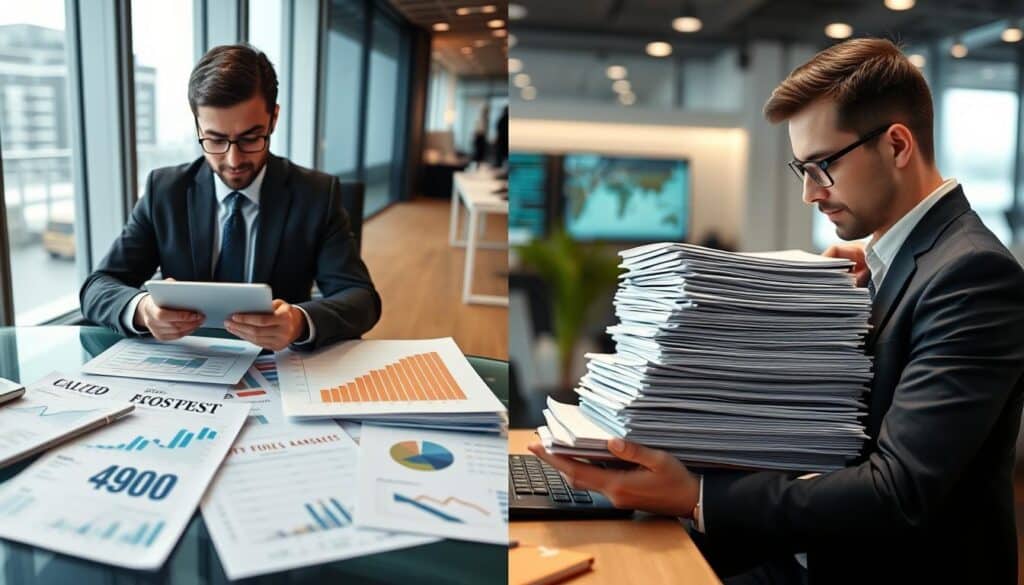 A split image illustrating the theme of "Differences in Valuations." On the left side, depict a professional business setting with a financial analyst in a sleek office, analyzing charts and data on a digital tablet, surrounded by documents with numerical graphs indicating a valuation of €4,900. On the right side, showcase a contrasting scene with a different analyst, also in business attire, working in another modern office environment, with a larger stack of documents and visual displays highlighting a valuation of €10,200. Use balanced lighting to enhance the clarity of the charts, and employ a subtle blur in the background to emphasize the analysts' focused expressions. The overall atmosphere should convey a professional and analytical mood, emphasizing the differences in valuations.