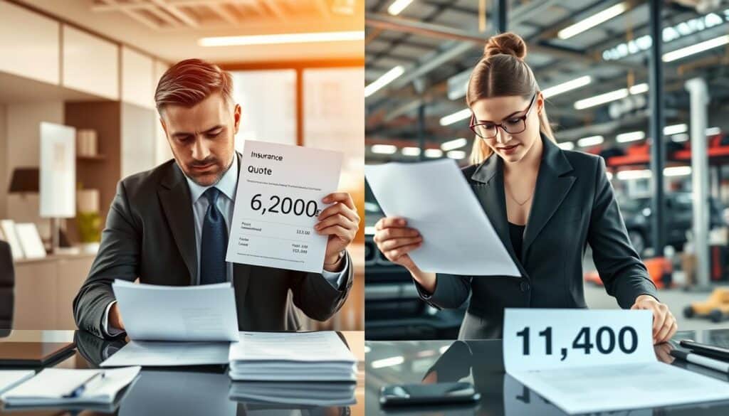 A split-screen comparison image showcasing two car insurance quotes side by side. On the left, depict a professional male insurance agent in a business suit discussing the first quote of 6,200 EUR, with a background showing a modern office environment. On the right, illustrate a different agent, possibly female, in sleek business attire, analyzing the second quote of 11,400 EUR, with a car repair shop backdrop filled with tools and vehicles. Use warm natural lighting to create a contrasted yet harmonious atmosphere. The foreground elements should highlight documents with figures from both quotes, while the middle ground should emphasize the agents engaged in their tasks, maintaining a focus on professionalism and clarity. A split-screen comparison image showcasing two car insurance quotes side by side. On the left, depict a professional male insurance agent in a business suit discussing the first quote of 6,200 EUR, with a background showing a modern office environment. On the right, illustrate a different agent, possibly female, in sleek business attire, analyzing the second quote of 11,400 EUR, with a car repair shop backdrop filled with tools and vehicles. Use warm natural lighting to create a contrasted yet harmonious atmosphere. The foreground elements should highlight documents with figures from both quotes, while the middle ground should emphasize the agents engaged in their tasks, maintaining a focus on professionalism and clarity.