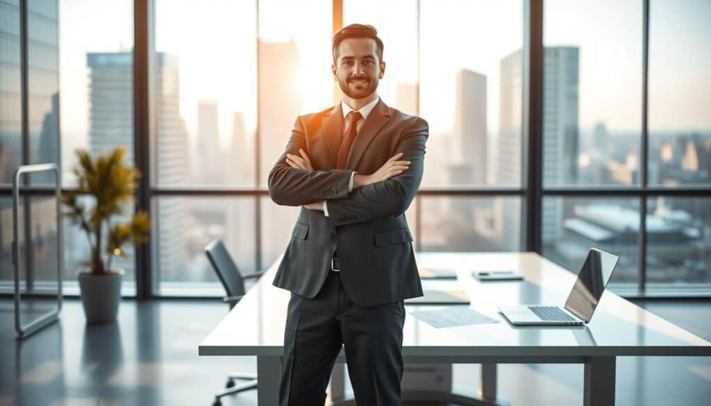 A visually striking image depicting the concept of a fictional insurance provider named "Ubezpieczyciel" with a value of 5,555 EUR. In the foreground, a confident and professional-looking individual dressed in smart business attire stands with crossed arms, conveying trust and reliability. In the middle ground, there is a modern office setting with a sleek desk featuring paperwork and a laptop, symbolizing the insurance process. The background consists of a city skyline through large glass windows, suggesting a thriving urban environment. Soft, natural lighting enhances the atmosphere, casting gentle shadows that evoke a sense of security and professionalism. The overall mood is calm and inviting, emphasizing client satisfaction and trustworthiness in the financial services industry.