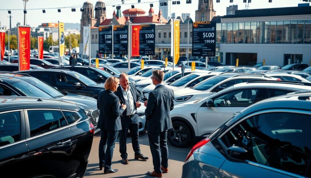 A bustling German car market scene during daylight, featuring a variety of vehicles on display: sleek sedans, rugged SUVs, and eco-friendly electric cars. In the foreground, a group of three people dressed in smart business attire is engaged in a discussion, analyzing vehicle price tags and features. The middle ground includes a vibrant marketplace atmosphere, with banners indicating various price points, suggesting the differences in vehicle valuations. The background showcases a modern skyline with distinctive German architecture, emphasizing the market's urban setting. The lighting is bright and natural, casting soft shadows, creating an inviting and professional mood that reflects the competitive pricing in the automotive industry. A bustling German car market scene during daylight, featuring a variety of vehicles on display: sleek sedans, rugged SUVs, and eco-friendly electric cars. In the foreground, a group of three people dressed in smart business attire is engaged in a discussion, analyzing vehicle price tags and features. The middle ground includes a vibrant marketplace atmosphere, with banners indicating various price points, suggesting the differences in vehicle valuations. The background showcases a modern skyline with distinctive German architecture, emphasizing the market's urban setting. The lighting is bright and natural, casting soft shadows, creating an inviting and professional mood that reflects the competitive pricing in the automotive industry.