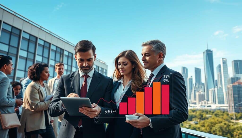 A bustling insurance market scene, showcasing a diverse group of business professionals engaged in discussions. In the foreground, two well-dressed individuals, a man and a woman, analyzing digital charts on a tablet, with a backdrop filled with modern office buildings and financial district elements. The middle ground features stylized representations of insurance statistics and pricing data in vivid colors, creating a dynamic flow of information. The background includes a clear blue sky and a skyline brimming with high-rise buildings, symbolizing growth and opportunity. The lighting is bright and professional, creating a sense of optimism and potential. The overall mood is focused and energetic, reflecting the influence of market factors on insurance valuations. A bustling insurance market scene, showcasing a diverse group of business professionals engaged in discussions. In the foreground, two well-dressed individuals, a man and a woman, analyzing digital charts on a tablet, with a backdrop filled with modern office buildings and financial district elements. The middle ground features stylized representations of insurance statistics and pricing data in vivid colors, creating a dynamic flow of information. The background includes a clear blue sky and a skyline brimming with high-rise buildings, symbolizing growth and opportunity. The lighting is bright and professional, creating a sense of optimism and potential. The overall mood is focused and energetic, reflecting the influence of market factors on insurance valuations.