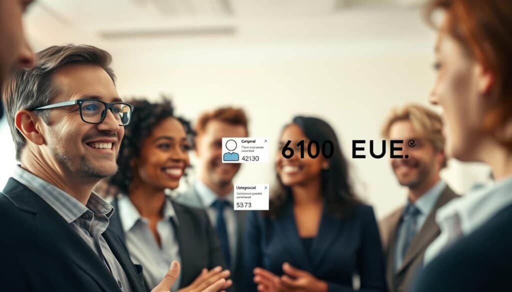 A close-up view of a diverse group of people providing testimonials about their experiences with an insurance policy, showcasing satisfied clients discussing "Ubezpieczyciel 6 100 EUR." The foreground features two individuals in professional business attire—a middle-aged man with glasses and a young woman with curly hair, both expressing positive sentiments. In the middle ground, several smaller images or icons of insurance contracts and customer reviews can be subtly integrated. The background depicts an office setting with soft, warm lighting, creating an inviting atmosphere. The lens captures a depth perspective, emphasizing the expressions of the clients. The overall mood is optimistic and reassuring, illustrating trust and satisfaction in the insurance service being evaluated, while ensuring that there are no text or logos present in the image. A close-up view of a diverse group of people providing testimonials about their experiences with an insurance policy, showcasing satisfied clients discussing "Ubezpieczyciel 6 100 EUR." The foreground features two individuals in professional business attire—a middle-aged man with glasses and a young woman with curly hair, both expressing positive sentiments. In the middle ground, several smaller images or icons of insurance contracts and customer reviews can be subtly integrated. The background depicts an office setting with soft, warm lighting, creating an inviting atmosphere. The lens captures a depth perspective, emphasizing the expressions of the clients. The overall mood is optimistic and reassuring, illustrating trust and satisfaction in the insurance service being evaluated, while ensuring that there are no text or logos present in the image.