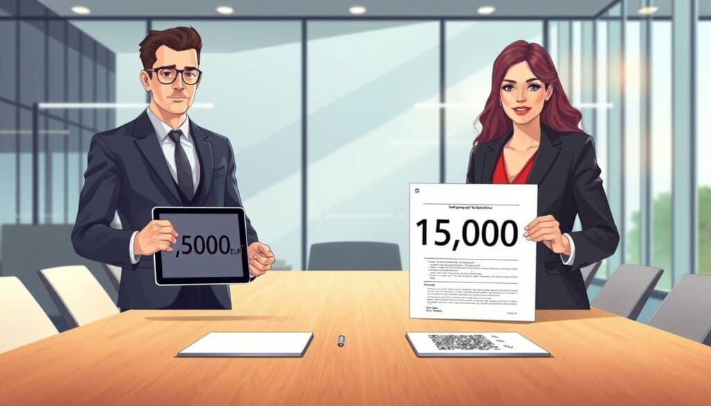 A detailed and professional illustration comparing insurance valuations, featuring two prominent figures in business attire standing side by side at a modern conference table. On one side, clearly displaying a digital tablet showcasing the value of "7,500 EUR," and on the other side, a document with "15,000 EUR" prominently featured. In the background, a sleek office environment with large windows letting in natural light, reflecting a bright, optimistic atmosphere. The foreground includes focused expressions on the figures’ faces, symbolizing analytical discussion and decision-making. The image should be well-lit, with soft shadows to enhance the professional mood, captured from a slightly elevated angle to encompass the full scene without any text or overlays.