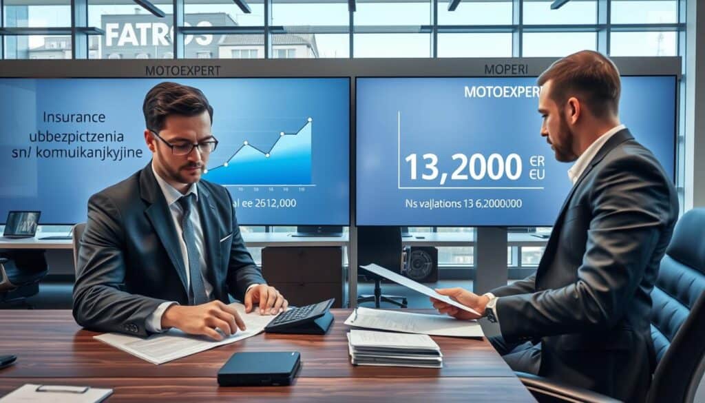 A detailed comparison scene showing two diverse insurance offices, one representing "ubezpieczenia komunikacyjne" on the left and the other showcasing MOTOEXPERT on the right. In the foreground, a business professional in a suit reviews documents with a calculator on the desk, exuding a serious and analytical mood. The middle ground features two large screens displaying comparative graphs and figures, emphasizing the differences in valuation between 6,100 EUR and 13,200 EUR. The background contains sleek modern office furniture, with large windows allowing natural light to illuminate the room, creating a bright and engaging atmosphere. The scene utilizes a wide-angle lens perspective to capture the essence of a bustling insurance environment, focusing on professionalism and clarity in the decision-making process.