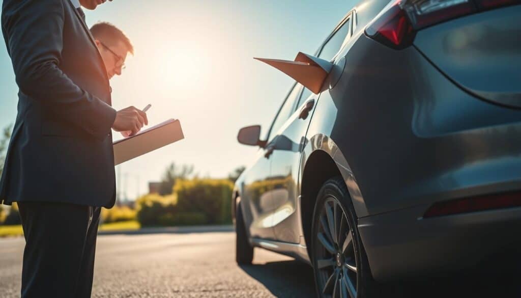 A detailed scene depicting a professional car insurance evaluation process. In the foreground, a well-dressed insurance adjuster in a suit examines a vehicle's damage, taking notes on a clipboard. The adjuster is focused and analytical, reflecting a sense of expertise. In the middle ground, a bright and sunny day with a clear blue sky enhances the mood, while the vehicle—an ordinary sedan—is parked on a smooth asphalt surface, showcasing visible damage. In the background, soft greenery provides a calming contrast. The lighting is natural and warm, casting gentle shadows. The angle is slightly elevated, offering a comprehensive view of the scene without any distractions. Overall, the atmosphere conveys professionalism and trust in car insurance evaluations. A detailed scene depicting a professional car insurance evaluation process. In the foreground, a well-dressed insurance adjuster in a suit examines a vehicle's damage, taking notes on a clipboard. The adjuster is focused and analytical, reflecting a sense of expertise. In the middle ground, a bright and sunny day with a clear blue sky enhances the mood, while the vehicle—an ordinary sedan—is parked on a smooth asphalt surface, showcasing visible damage. In the background, soft greenery provides a calming contrast. The lighting is natural and warm, casting gentle shadows. The angle is slightly elevated, offering a comprehensive view of the scene without any distractions. Overall, the atmosphere conveys professionalism and trust in car insurance evaluations.