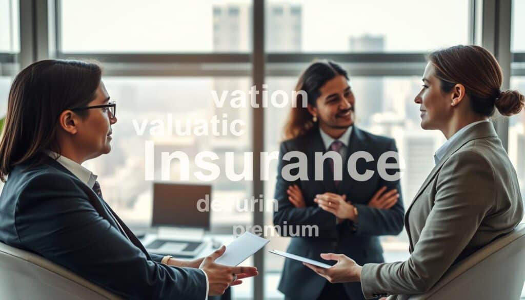 A detailed scene depicting the concept of car insurance, emphasizing clarity in terminology. In the foreground, show a professional financial advisor explaining car insurance terms to a client, both dressed in business attire. The middle section features a large, transparent overlay of key insurance terms (like "valuation," "deductible," and "premium") artistically integrated into the composition. The background includes a sleek, modern office with a large window showcasing a cityscape under natural daylight, creating an inviting atmosphere. Use soft lighting to enhance a professional mood, capturing thoughtful expressions on the faces of those engaged in discussion. The view should be slightly angled to emphasize both the individuals and the overlay of terms, ensuring a clean, focused image without any text or overlays. A detailed scene depicting the concept of car insurance, emphasizing clarity in terminology. In the foreground, show a professional financial advisor explaining car insurance terms to a client, both dressed in business attire. The middle section features a large, transparent overlay of key insurance terms (like "valuation," "deductible," and "premium") artistically integrated into the composition. The background includes a sleek, modern office with a large window showcasing a cityscape under natural daylight, creating an inviting atmosphere. Use soft lighting to enhance a professional mood, capturing thoughtful expressions on the faces of those engaged in discussion. The view should be slightly angled to emphasize both the individuals and the overlay of terms, ensuring a clean, focused image without any text or overlays.
