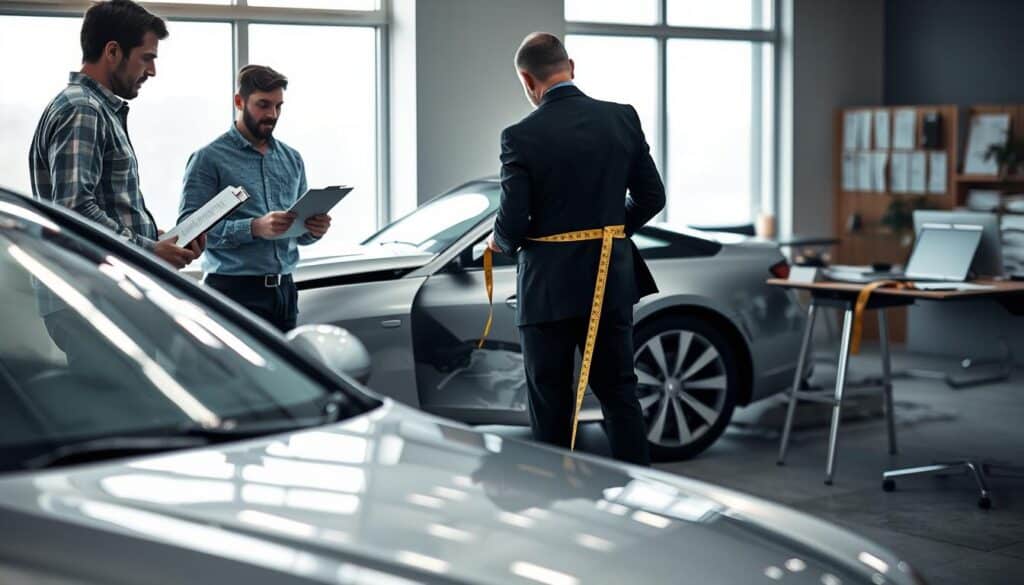 A detailed scene illustrating the concept of car damage evaluation, showcasing a professional setting. In the foreground, a concerned car owner with a clipboard, dressed in smart casual attire, examines the damage on a silver sedan with visible scratches and dents. In the middle ground, a skilled insurance adjuster, in a dark suit, assesses the vehicle, noting details with a measuring tape. The background features an office-like environment with documents, a desk with a laptop open, and a large window allowing soft, natural light to fill the space, creating a calm yet focused atmosphere. The image emphasizes a sense of professionalism and diligence in evaluating vehicle damage, highlighting the contrast between lower and higher insurance valuations. A detailed scene illustrating the concept of car damage evaluation, showcasing a professional setting. In the foreground, a concerned car owner with a clipboard, dressed in smart casual attire, examines the damage on a silver sedan with visible scratches and dents. In the middle ground, a skilled insurance adjuster, in a dark suit, assesses the vehicle, noting details with a measuring tape. The background features an office-like environment with documents, a desk with a laptop open, and a large window allowing soft, natural light to fill the space, creating a calm yet focused atmosphere. The image emphasizes a sense of professionalism and diligence in evaluating vehicle damage, highlighting the contrast between lower and higher insurance valuations.