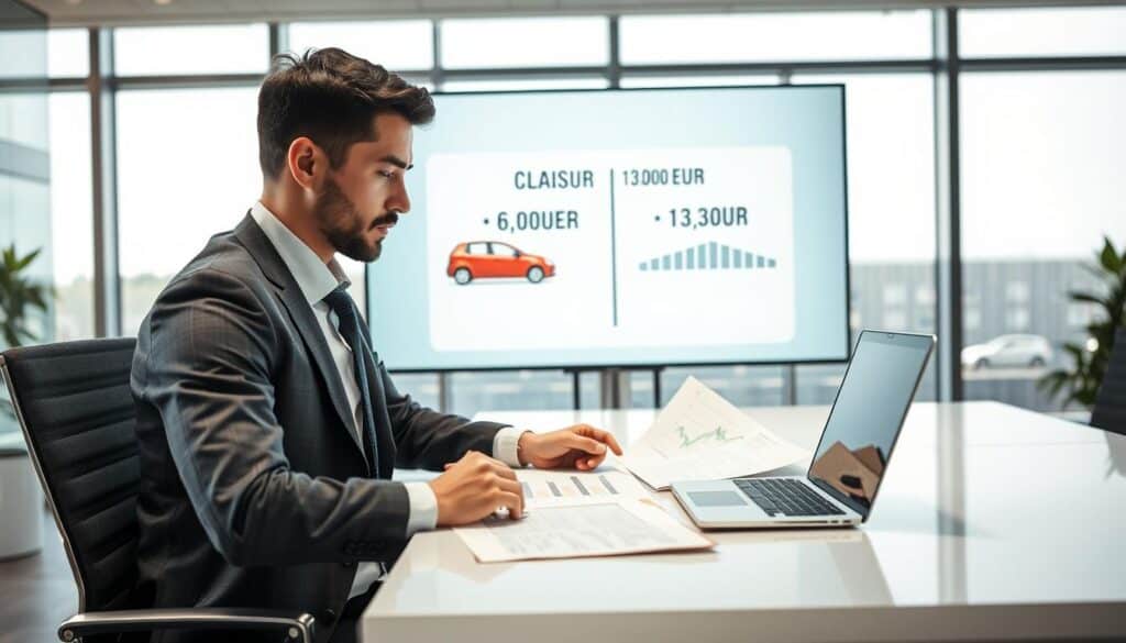 A detailed scene illustrating the concept of "communication compensation" in the context of vehicle insurance. In the foreground, a professional insurance adjuster in business attire is reviewing documents at a sleek desk, a laptop open showing graphs and charts related to claims valuations. In the middle, a large screen displays a comparison between two evaluations: 6,100 EUR vs 13,200 EUR, with icons of cars subtly integrated. The background features a modern office setting, with large windows allowing natural light to flood the room, creating a bright and optimistic atmosphere. The lighting is soft and even, highlighting the adjuster’s focused expression, conveying professionalism and reliability in the insurance evaluation process.