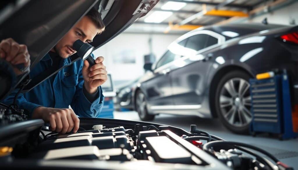 A detailed technical inspection of a vehicle, showcasing its various components. In the foreground, a mechanic in a blue jumpsuit examines the engine with a flashlight, highlighting the intricate mechanical parts. The middle layer displays the vehicle's exterior, with emphasis on a well-maintained sedan reflecting sunlight, its paint gleaming. In the background, a garage with tools and diagnostic equipment is present, suggesting a professional environment. The lighting is bright and natural, creating a clean and focused atmosphere. The overall mood is one of diligence and thoroughness, illustrating the importance of vehicle condition in evaluations. The camera angle is slightly low, enhancing the depth of the scene and emphasizing the car's stature.