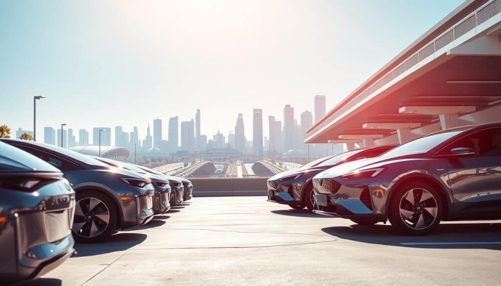 A futuristic automotive landscape showcasing the innovations in the automotive industry. In the foreground, sleek electric vehicles with autonomous driving features are lined up, glistening under bright, natural sunlight. The middle ground features a modern cityscape with smart traffic systems and charging stations integrating green technology. In the background, a skyline of futuristic buildings and a clear blue sky. The lighting is bright and vibrant, conveying a sense of optimism and advancement. The mood is dynamic and forward-thinking, reflecting the evolution of vehicle evaluation processes. Use a wide-angle lens to capture the expanse of this innovative environment, with a focus on design and technology seamlessly coming together. A futuristic automotive landscape showcasing the innovations in the automotive industry. In the foreground, sleek electric vehicles with autonomous driving features are lined up, glistening under bright, natural sunlight. The middle ground features a modern cityscape with smart traffic systems and charging stations integrating green technology. In the background, a skyline of futuristic buildings and a clear blue sky. The lighting is bright and vibrant, conveying a sense of optimism and advancement. The mood is dynamic and forward-thinking, reflecting the evolution of vehicle evaluation processes. Use a wide-angle lens to capture the expanse of this innovative environment, with a focus on design and technology seamlessly coming together.
