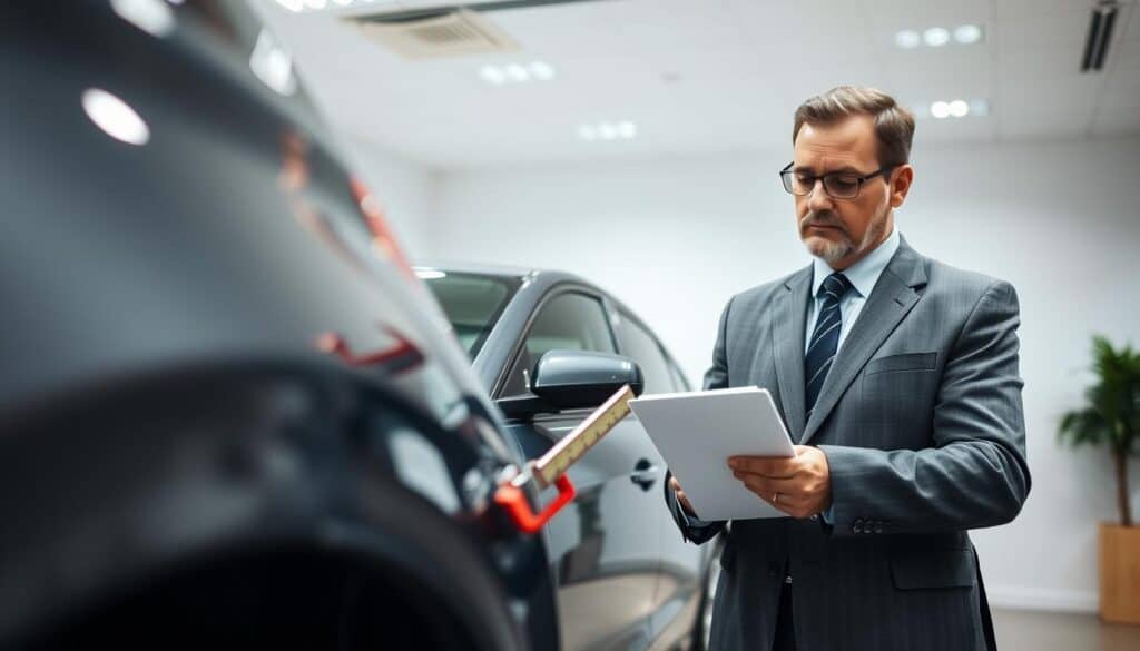 A knowledgeable and professional "rzeczoznawca" (appraiser) examining a vehicle for an insurance evaluation. In the foreground, the appraiser, a middle-aged individual dressed in a well-fitted suit with a clipboard and measuring tools, closely inspects the car's exterior with a focused expression. In the middle ground, the vehicle is a modern sedan, showcasing minor damages that highlight the evaluation process. The background features a slightly blurred office environment to suggest a professional setting, with soft lighting creating a calm, serious atmosphere. The angle is slightly low to elevate the appraiser's authority while maintaining an engaging perspective. This image conveys the importance of appraisal in the insurance process. A knowledgeable and professional "rzeczoznawca" (appraiser) examining a vehicle for an insurance evaluation. In the foreground, the appraiser, a middle-aged individual dressed in a well-fitted suit with a clipboard and measuring tools, closely inspects the car's exterior with a focused expression. In the middle ground, the vehicle is a modern sedan, showcasing minor damages that highlight the evaluation process. The background features a slightly blurred office environment to suggest a professional setting, with soft lighting creating a calm, serious atmosphere. The angle is slightly low to elevate the appraiser's authority while maintaining an engaging perspective. This image conveys the importance of appraisal in the insurance process.