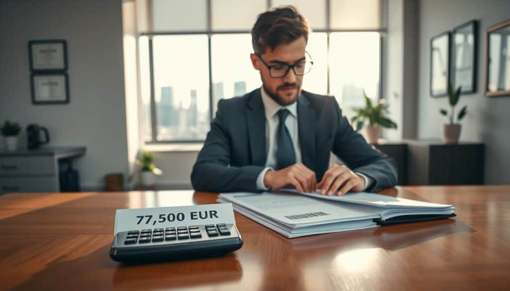 A modern business office setting, featuring a polished wooden table in the foreground with a stack of insurance documents labeled "7,500 EUR" beside a sleek calculator. A well-dressed professional, wearing a tailored suit and glasses, diligently reviewing the papers, with a focused expression. In the middle ground, a large window offers a view of a city skyline, bathed in bright daylight that illuminates the space with a warm, inviting glow. Subtle reflections of the office furnishings add depth. The background presents a minimalist design, showcasing neatly arranged plants and framed certificates on the wall. The atmosphere is professional yet approachable, emphasizing trust and reliability in the insurance sector. No text or quotes present in the image.