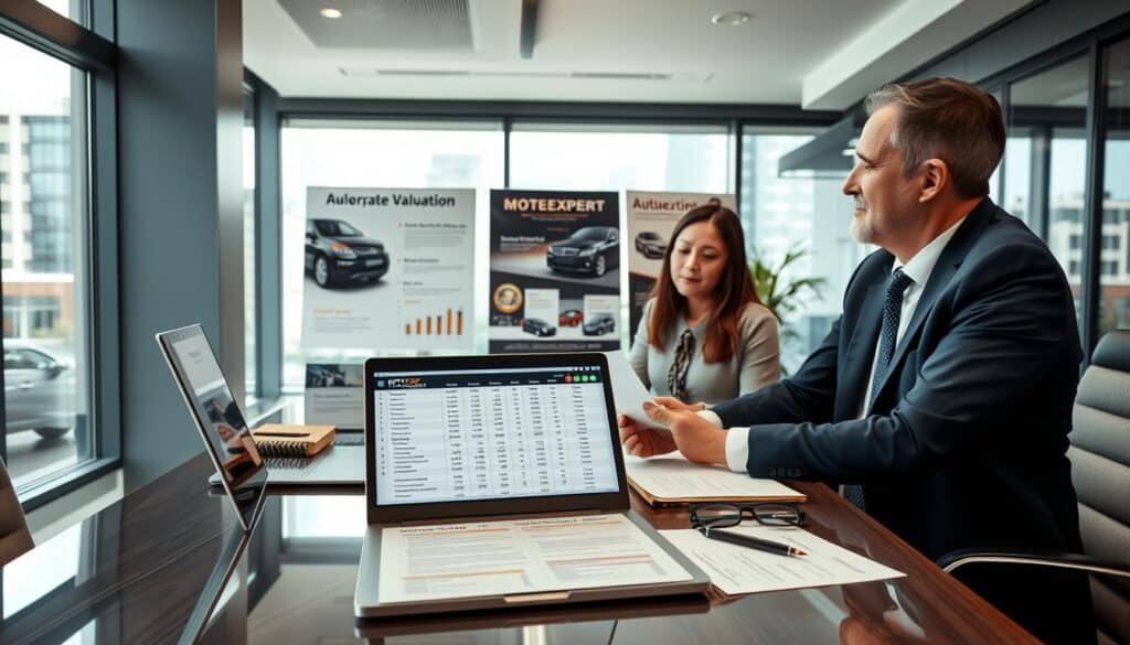 A modern office environment showcasing an elegant desk with sleek paperwork and a laptop open to a spreadsheet titled "MOTOEXPERT Valuation 11,800 EUR". In the foreground, a professional adviser in smart business attire, a middle-aged Caucasian man, discusses details with a client, a woman in modest casual clothing, highlighting a confident and informative interaction. The middle ground displays visual elements related to automotive valuations, such as brochures or charts illustrating the benefits of MOTOEXPERT compared to competitors. Background elements include a large window with natural light pouring in, urban landscapes visible outside. The overall atmosphere conveys professionalism and trust, with bright and inviting lighting that emphasizes clarity and competence. The angle is slightly above eye level, giving a comprehensive view of the setting.