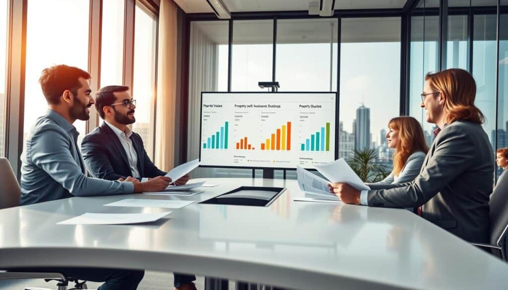 A modern office environment with a focus on property insurance valuation. In the foreground, a diverse group of three professionals—two men and one woman—are gathered around a sleek conference table, reviewing documents and analyzing charts. They are dressed in smart business attire, discussing property values and insurance assessments. In the middle ground, a large presentation screen displays graphs comparing different insurance quotes, with clear visual data. The background features floor-to-ceiling windows revealing a city skyline, with warm natural light flooding the room, creating an optimistic atmosphere. The scene captures a sense of collaboration and professionalism, emphasizing the importance of accurate valuations in property insurance. A modern office environment with a focus on property insurance valuation. In the foreground, a diverse group of three professionals—two men and one woman—are gathered around a sleek conference table, reviewing documents and analyzing charts. They are dressed in smart business attire, discussing property values and insurance assessments. In the middle ground, a large presentation screen displays graphs comparing different insurance quotes, with clear visual data. The background features floor-to-ceiling windows revealing a city skyline, with warm natural light flooding the room, creating an optimistic atmosphere. The scene captures a sense of collaboration and professionalism, emphasizing the importance of accurate valuations in property insurance.