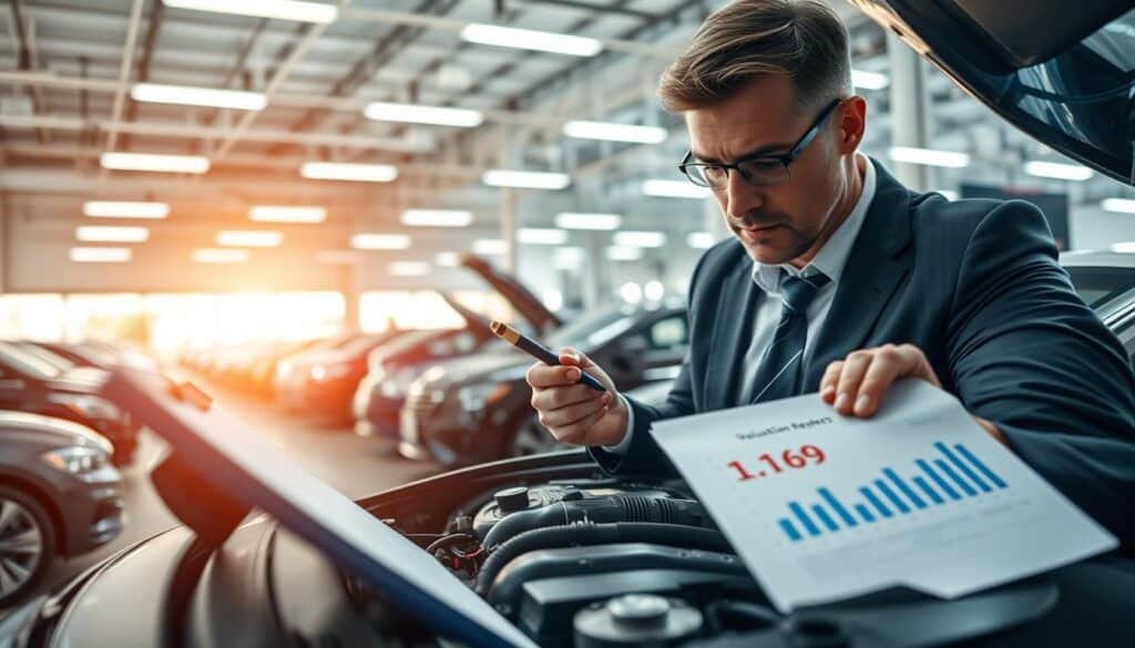 A professional automotive appraisal scene, featuring an expert in business attire inspecting a detailed car engine. In the foreground, a mechanic holds diagnostic tools, focused on the vehicle's intricate components. The middle ground showcases a written report and a tablet displaying numerical data, with graphs illustrating valuation comparisons. In the background, a well-lit automotive workshop, filled with various cars under bright fluorescent lights, creates a busy, industrious atmosphere. A large window filters in natural light, adding warmth to the polished, professional setting. The expert's expression conveys serious contemplation, reflecting the importance of accurate vehicle valuations. The angle emphasizes the hands-on assessment, highlighting the expertise and attention to detail required in automotive appraisals. A professional automotive appraisal scene, featuring an expert in business attire inspecting a detailed car engine. In the foreground, a mechanic holds diagnostic tools, focused on the vehicle's intricate components. The middle ground showcases a written report and a tablet displaying numerical data, with graphs illustrating valuation comparisons. In the background, a well-lit automotive workshop, filled with various cars under bright fluorescent lights, creates a busy, industrious atmosphere. A large window filters in natural light, adding warmth to the polished, professional setting. The expert's expression conveys serious contemplation, reflecting the importance of accurate vehicle valuations. The angle emphasizes the hands-on assessment, highlighting the expertise and attention to detail required in automotive appraisals.