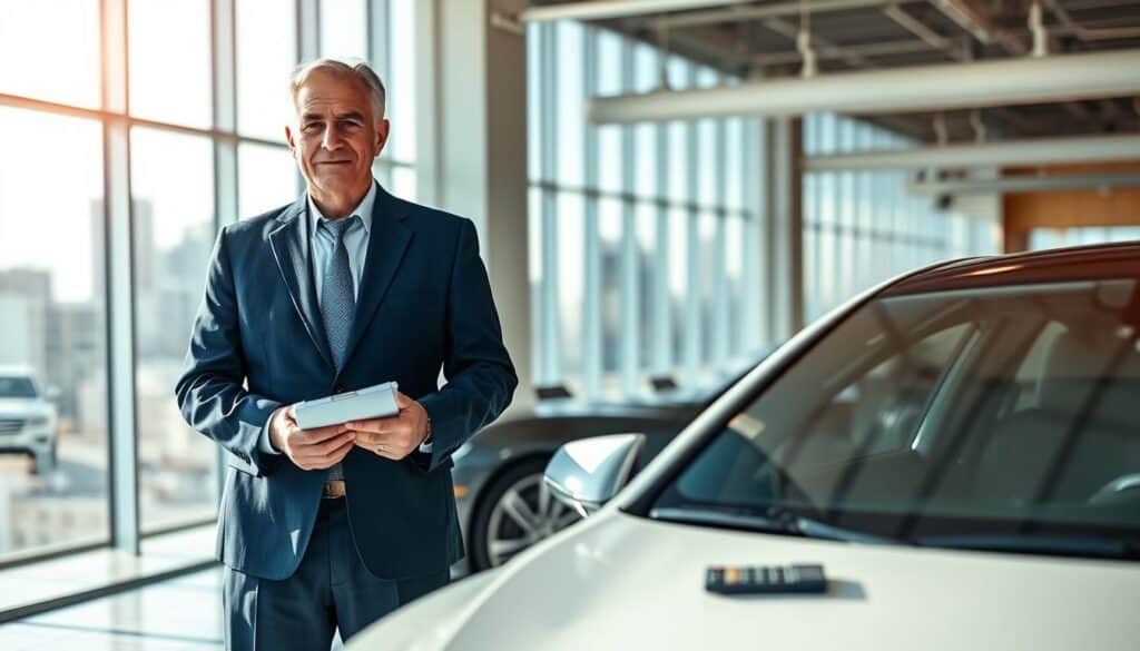 A professional automotive appraiser, depicted as a middle-aged man in a tailored navy blue suit, stands confidently beside a sleek, modern vehicle in a bright, spacious office with large windows, showcasing a city skyline in the background. The light filters in, creating a warm and inviting atmosphere. The appraiser is holding a clipboard, with documents and a calculator visible on a nearby desk, indicating thorough analysis. The focus of the image is on the appraiser's thoughtful expression as he evaluates the car's value, demonstrating expertise and professionalism. Soft shadows enhance the depth, and a slight lens distortion at the edges draws attention to the central figure and vehicle. This scene embodies the serious and analytical nature of automotive appraisal. A professional automotive appraiser, depicted as a middle-aged man in a tailored navy blue suit, stands confidently beside a sleek, modern vehicle in a bright, spacious office with large windows, showcasing a city skyline in the background. The light filters in, creating a warm and inviting atmosphere. The appraiser is holding a clipboard, with documents and a calculator visible on a nearby desk, indicating thorough analysis. The focus of the image is on the appraiser's thoughtful expression as he evaluates the car's value, demonstrating expertise and professionalism. Soft shadows enhance the depth, and a slight lens distortion at the edges draws attention to the central figure and vehicle. This scene embodies the serious and analytical nature of automotive appraisal.