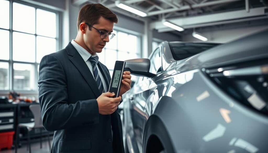 A professional automotive appraiser, dressed in a smart business suit, examines a silver car parked in a well-lit workshop. In the foreground, the appraiser is holding a digital measuring tool, closely inspecting the vehicle's bodywork, showcasing their expertise. The middle ground features a sleek car with detailed reflections of the overhead lights and tools scattered around. The background consists of a modern office environment with large windows allowing natural light to flood in, giving a sense of clarity and professionalism. The atmosphere is serious yet focused, emphasizing attention to detail and the appraisal process. The image is shot from a slightly elevated angle to capture both the appraiser and the vehicle effectively, with soft, diffused lighting to create a polished look. A professional automotive appraiser, dressed in a smart business suit, examines a silver car parked in a well-lit workshop. In the foreground, the appraiser is holding a digital measuring tool, closely inspecting the vehicle's bodywork, showcasing their expertise. The middle ground features a sleek car with detailed reflections of the overhead lights and tools scattered around. The background consists of a modern office environment with large windows allowing natural light to flood in, giving a sense of clarity and professionalism. The atmosphere is serious yet focused, emphasizing attention to detail and the appraisal process. The image is shot from a slightly elevated angle to capture both the appraiser and the vehicle effectively, with soft, diffused lighting to create a polished look.