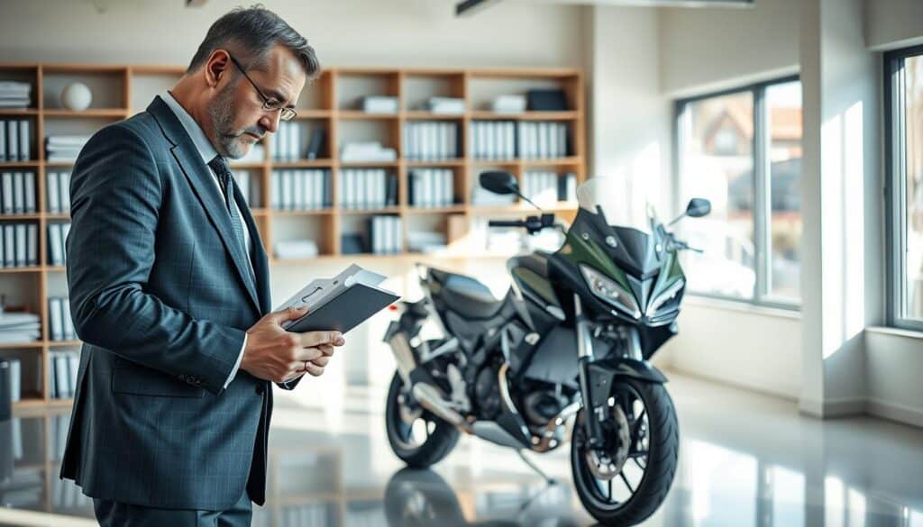 A professional automotive damage assessment scene featuring a confident appraiser examining a damaged motorcycle in a well-lit, modern office. The foreground showcases the appraiser, a middle-aged man in a tailored suit, holding a clipboard and a digital device while inspecting the bike's details. In the middle ground, a shiny motorcycle stands on a sleek, polished floor, with visible scratches and dents. The background includes shelves filled with automotive manuals and assessment tools, creating an atmosphere of expertise and professionalism. Soft natural light filters through large windows, casting gentle shadows, enhancing the serious yet focused mood in the space. The image should evoke a sense of thorough analysis and confidence in valuation processes. A professional automotive damage assessment scene featuring a confident appraiser examining a damaged motorcycle in a well-lit, modern office. The foreground showcases the appraiser, a middle-aged man in a tailored suit, holding a clipboard and a digital device while inspecting the bike's details. In the middle ground, a shiny motorcycle stands on a sleek, polished floor, with visible scratches and dents. The background includes shelves filled with automotive manuals and assessment tools, creating an atmosphere of expertise and professionalism. Soft natural light filters through large windows, casting gentle shadows, enhancing the serious yet focused mood in the space. The image should evoke a sense of thorough analysis and confidence in valuation processes.