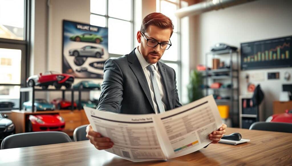 A professional automotive expert, dressed in a smart business suit, stands in an office environment, examining a vehicle valuation report with details and statistics displayed on the table. The expert has a focused expression, surrounded by modern office decor, including an automotive-themed poster on the wall. In the background, an assortment of car models and tools are visible, symbolizing the detailed work of a vehicle appraiser. Soft, natural lighting filters through large windows, casting a warm glow on the scene, while the camera angle captures both the expert and the report prominently in the foreground. The atmosphere conveys professionalism and expertise, emphasizing the value of thorough vehicle appraisal. A professional automotive expert, dressed in a smart business suit, stands in an office environment, examining a vehicle valuation report with details and statistics displayed on the table. The expert has a focused expression, surrounded by modern office decor, including an automotive-themed poster on the wall. In the background, an assortment of car models and tools are visible, symbolizing the detailed work of a vehicle appraiser. Soft, natural lighting filters through large windows, casting a warm glow on the scene, while the camera angle captures both the expert and the report prominently in the foreground. The atmosphere conveys professionalism and expertise, emphasizing the value of thorough vehicle appraisal.