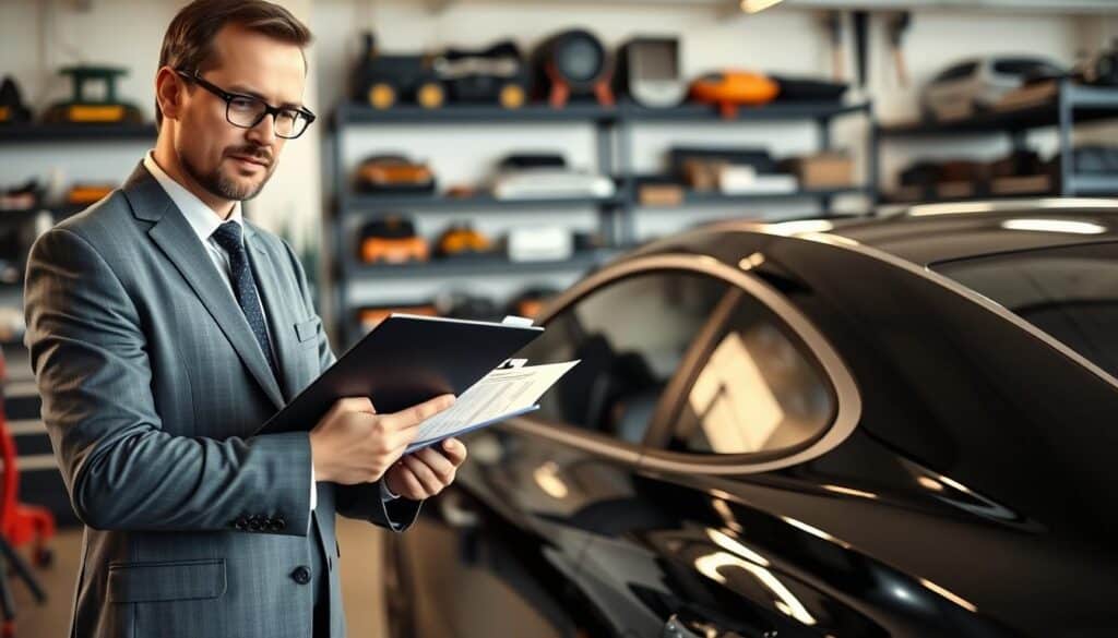 A professional automotive expert, dressed in business attire, stands confidently with a clipboard in hand, examining a shiny, detailed car in a modern, well-lit workshop. The foreground features the expert's focused expression and the clipboard filled with detailed reports and assessments. In the middle, the car is meticulously polished, showcasing its sleek design under soft, warm lighting that highlights both the car's contours and the expert's professionalism. The background contains sophisticated tools and equipment neatly organized on shelves, emphasizing the precision of the MOTOEXPERT service. The atmosphere is one of trust and expertise, conveying the importance of accurate vehicle assessments, with a sense of reliability and professionalism in the air. A professional automotive expert, dressed in business attire, stands confidently with a clipboard in hand, examining a shiny, detailed car in a modern, well-lit workshop. The foreground features the expert's focused expression and the clipboard filled with detailed reports and assessments. In the middle, the car is meticulously polished, showcasing its sleek design under soft, warm lighting that highlights both the car's contours and the expert's professionalism. The background contains sophisticated tools and equipment neatly organized on shelves, emphasizing the precision of the MOTOEXPERT service. The atmosphere is one of trust and expertise, conveying the importance of accurate vehicle assessments, with a sense of reliability and professionalism in the air.