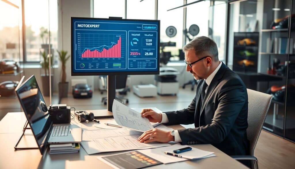 A professional automotive expert, dressed in formal business attire, analyzes a detailed report showcasing the valuation of the MOTOEXPERT, valued at 15,000 EUR. In the foreground, the expert is seated at a sleek desk, surrounded by technical documents, spreadsheets, and industry reports. The middle layer features a large, modern computer screen displaying graphs and numerical data pertaining to the MOTOEXPERT valuation, emitting a soft glow. In the background, a contemporary office with glass partitions and automotive memorabilia creates a knowledgeable atmosphere. The scene is illuminated with bright, natural lighting filtering through the office windows, casting soft shadows that enhance the professionalism of the setting. Overall, the image conveys a focused and analytical mood, suitable for discussing automotive assessment evaluations.