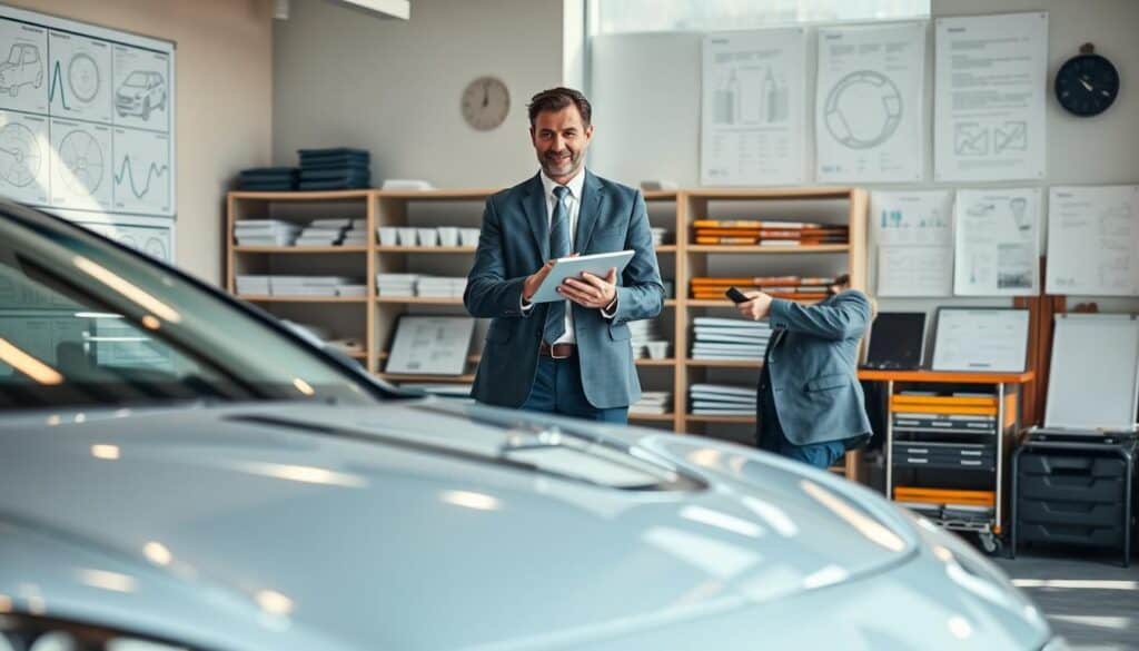 A professional automotive expert standing confidently in an office setting, examining a sleek, modern car with a notepad and digital tablet in hand. The foreground showcases a meticulously detailed vehicle in pristine condition, highlighting its features under soft, ambient lighting. In the middle ground, a large window allows natural light to flood the room, illuminating charts and diagrams relevant to automotive valuation on the walls. The background consists of neatly organized shelves filled with technical manuals and tools, creating an atmosphere of expertise and professionalism. The expert is dressed in smart business attire, conveying trustworthiness and authority. The scene is focused and composed, reflecting the analytical and methodical nature of the MOTOEXPERT valuation process. A professional automotive expert standing confidently in an office setting, examining a sleek, modern car with a notepad and digital tablet in hand. The foreground showcases a meticulously detailed vehicle in pristine condition, highlighting its features under soft, ambient lighting. In the middle ground, a large window allows natural light to flood the room, illuminating charts and diagrams relevant to automotive valuation on the walls. The background consists of neatly organized shelves filled with technical manuals and tools, creating an atmosphere of expertise and professionalism. The expert is dressed in smart business attire, conveying trustworthiness and authority. The scene is focused and composed, reflecting the analytical and methodical nature of the MOTOEXPERT valuation process.